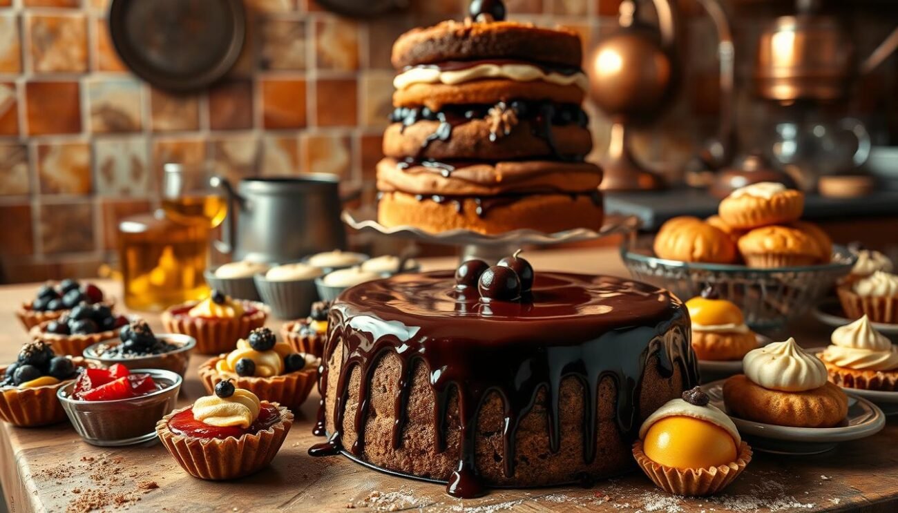 A sumptuous display of decadent liquor-infused desserts, set against a warm, rustic backdrop. In the foreground, a rich, dark chocolate gateau drizzled with a glossy liqueur glaze, its deep hues accentuated by the soft, golden lighting. Surrounding it, an artful arrangement of small bites - bite-sized tarts bursting with fruit and booze, fluffy madeleines soaked in a fragrant spirit, and elegant profiteroles filled with a creamy, boozy custard. In the middle ground, a vintage-inspired cake stand holds a towering tiered cake, its layers oozing with liqueur-laced fillings. The background hints at a cozy Italian kitchen, with terracotta tiles, aged wood accents, and a hint of copper cookware, evoking a sense of warmth and indulgence.