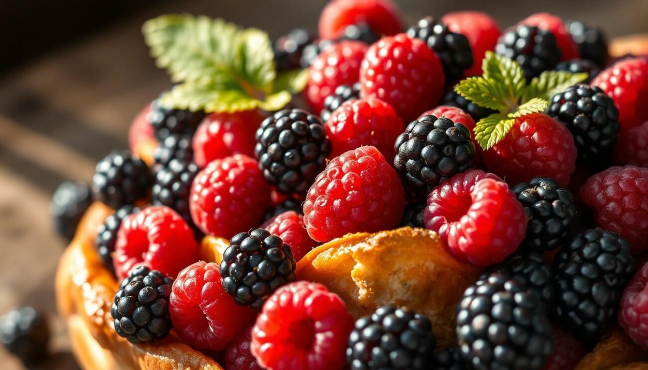 A sumptuous, rustic arrangement of fresh, plump berries nestled in a decadent pastry shell. Vibrant red raspberries, juicy blackberries, and tart blackcurrants spill over the edges, contrasting with the golden, flaky crust. Soft natural lighting casts a warm glow, highlighting the luscious textures and jewel-toned hues. The scene evokes the rich, homespun charm of an Italian countryside bakery, inviting the viewer to indulge in this delightful fusion of fruit and confection. A sumptuous, rustic arrangement of fresh, plump berries nestled in a decadent pastry shell. Vibrant red raspberries, juicy blackberries, and tart blackcurrants spill over the edges, contrasting with the golden, flaky crust. Soft natural lighting casts a warm glow, highlighting the luscious textures and jewel-toned hues. The scene evokes the rich, homespun charm of an Italian countryside bakery, inviting the viewer to indulge in this delightful fusion of fruit and confection.