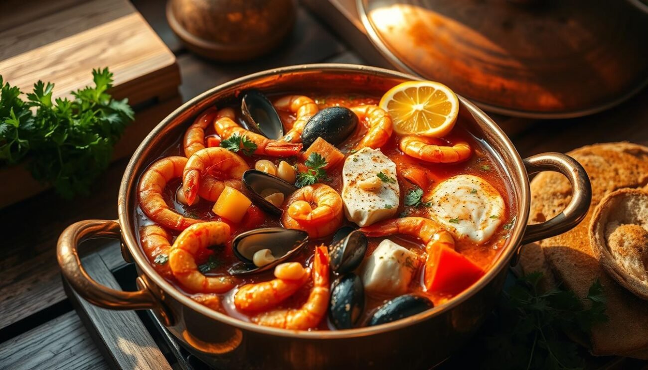 A sumptuous seafood stew simmering in a copper pot, brimming with fresh-caught treasures from the Adriatic - succulent prawns, tender mussels, and flaky white fish fillets. Aromatic herbs and garlic infuse the rich tomato-based broth, while a squeeze of lemon adds a bright, tangy note. The scene is bathed in warm, golden light, casting a cozy, inviting glow upon the rustic kitchen counter. Wooden cutting boards, a bundle of fresh parsley, and a crusty loaf of bread set the stage for this traditional Abruzzese delicacy, the Brodetto Pescarese, a true taste of the region's maritime heritage. A sumptuous seafood stew simmering in a copper pot, brimming with fresh-caught treasures from the Adriatic - succulent prawns, tender mussels, and flaky white fish fillets. Aromatic herbs and garlic infuse the rich tomato-based broth, while a squeeze of lemon adds a bright, tangy note. The scene is bathed in warm, golden light, casting a cozy, inviting glow upon the rustic kitchen counter. Wooden cutting boards, a bundle of fresh parsley, and a crusty loaf of bread set the stage for this traditional Abruzzese delicacy, the Brodetto Pescarese, a true taste of the region's maritime heritage.