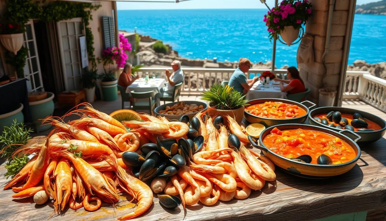 A sun-dappled coastal scene, a vibrant marché of freshly caught seafood. In the foreground, a rustic wooden table overflows with glistening prawns, tender calamari, and plump mussels. Sizzling oil, fragrant herbs, and a splash of white wine fill the air with the aroma of the Adriatic. In the middle ground, a small family-run trattoria, its weathered façade adorned with ivy and bougainvillea. Diners savor the aromatic brodetto, a rich, tomato-based stew brimming with the day's catch. Beyond, the sparkling azure sea meets the horizon, framed by the rolling hills of the Marche region. Natural light filters through the windows, casting a warm, inviting glow upon the scene. A timeless, authentic representation of the Marchigiana brodetto tradition. A sun-dappled coastal scene, a vibrant marché of freshly caught seafood. In the foreground, a rustic wooden table overflows with glistening prawns, tender calamari, and plump mussels. Sizzling oil, fragrant herbs, and a splash of white wine fill the air with the aroma of the Adriatic. In the middle ground, a small family-run trattoria, its weathered façade adorned with ivy and bougainvillea. Diners savor the aromatic brodetto, a rich, tomato-based stew brimming with the day's catch. Beyond, the sparkling azure sea meets the horizon, framed by the rolling hills of the Marche region. Natural light filters through the windows, casting a warm, inviting glow upon the scene. A timeless, authentic representation of the Marchigiana brodetto tradition.