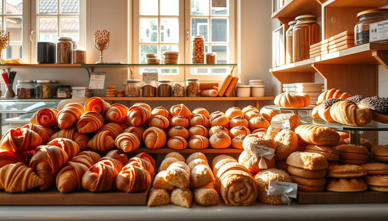A sun-dappled display of delicate, sugar-free pastries nestled in a quaint Italian pasticceria. A showcase of artful baking, with flaky croissants, fragrant brioche, and buttery shortbread, all crafted without refined sweeteners. Soft natural lighting filters through the large windows, casting a warm glow on the carefully curated selection. Shelves lined with glass jars hold aromatic spices, dried fruits, and other wholesome ingredients, hinting at the nourishing alternatives used to achieve sweetness. The overall atmosphere exudes a sense of wellness and mindful indulgence, inviting patrons to savor the pleasures of pasticceria senza zucchero.