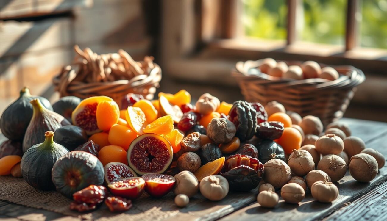 A sun-dappled still life showcasing a bounty of dried Italian fruits - figs, dates, apricots, and hazelnuts - artfully arranged on a rustic wooden table. Soft, warm lighting bathes the scene, highlighting the natural sweetness and vibrant colors of these traditional Italian delicacies. The composition is balanced and inviting, evoking a sense of rustic charm and the comforting flavors of the Mediterranean. The image reflects the heritage and wholesome goodness of these natural, sugar-free sweeteners, capturing the essence of the "Dolcificanti naturali della tradizione italiana" section.