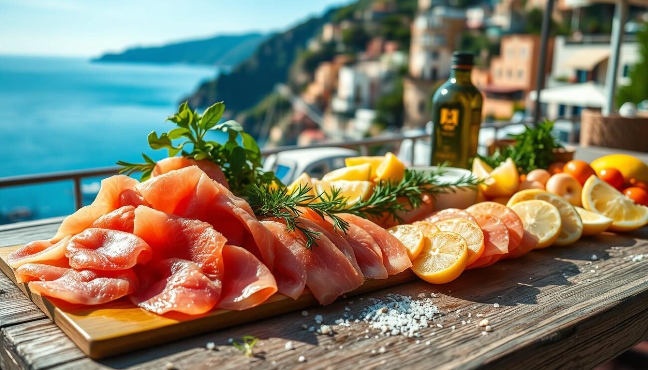 A sun-drenched Italian coastal scene, a wooden table adorned with vibrant Mediterranean ingredients. On the table, a selection of glistening raw seafood delicacies - thinly sliced raw tuna, silky smooth salmon, and succulent scallops. Alongside, a drizzle of emerald green olive oil, a sprinkle of coarse sea salt, and a scattering of fresh lemon wedges. In the background, a panoramic view of the Amalfi Coast, with its pastel-hued buildings and azure waters. The atmosphere is one of casual elegance, capturing the essence of Italy's rich seafood traditions.
