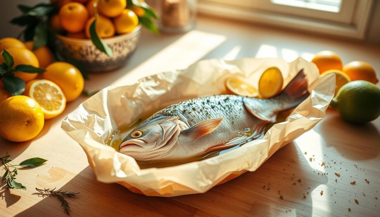 A sun-drenched kitchen counter, adorned with a vibrant arrangement of fresh citrus fruits. In the center, a whole orata fish, glistening with olive oil, nestled in a parchment paper pouch. Delicate herbs and spices sprinkle the surface, hinting at the flavors within. The lighting is soft and warm, casting a golden glow over the scene, inviting the viewer to imagine the aroma and taste of this authentic Tuscan seafood dish. The camera angle showcases the preparation stage, with the fish ready to be baked, evoking the anticipation of the "Preparazione dell'Orata" section.