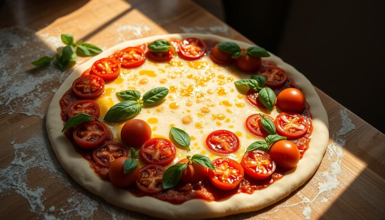 A sun-drenched kitchen table, a round pizza dough gently stretched and kneaded, its surface invitingly smooth and golden. Plump tomatoes, glistening with olive oil, are carefully arranged across the dough, their rich hues contrasting against the pale crust. Handfuls of fresh basil leaves are delicately scattered, their verdant green adding a vibrant touch. The scene is bathed in soft, natural light, creating a warm, welcoming atmosphere that captures the essence of authentic Italian pizza making.