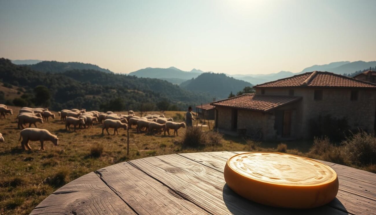 A sun-drenched landscape in the rolling hills of the Nebrodi Mountains, where a traditional Sicilian shepherd tends to his herd of sheep. In the foreground, a large round cheese with a golden-brown rind sits atop a weathered wooden table, its smoky aroma wafting through the air. The middle ground features a traditional stone building, its weathered walls and terracotta roof tiles blending seamlessly with the surrounding countryside. In the background, dense forests and rugged peaks rise up, creating a sense of timeless, untamed natural beauty. Soft, diffused lighting casts a warm, golden glow over the entire scene, evoking the rich history and cultural heritage of the Nebrodi region. A sun-drenched landscape in the rolling hills of the Nebrodi Mountains, where a traditional Sicilian shepherd tends to his herd of sheep. In the foreground, a large round cheese with a golden-brown rind sits atop a weathered wooden table, its smoky aroma wafting through the air. The middle ground features a traditional stone building, its weathered walls and terracotta roof tiles blending seamlessly with the surrounding countryside. In the background, dense forests and rugged peaks rise up, creating a sense of timeless, untamed natural beauty. Soft, diffused lighting casts a warm, golden glow over the entire scene, evoking the rich history and cultural heritage of the Nebrodi region.