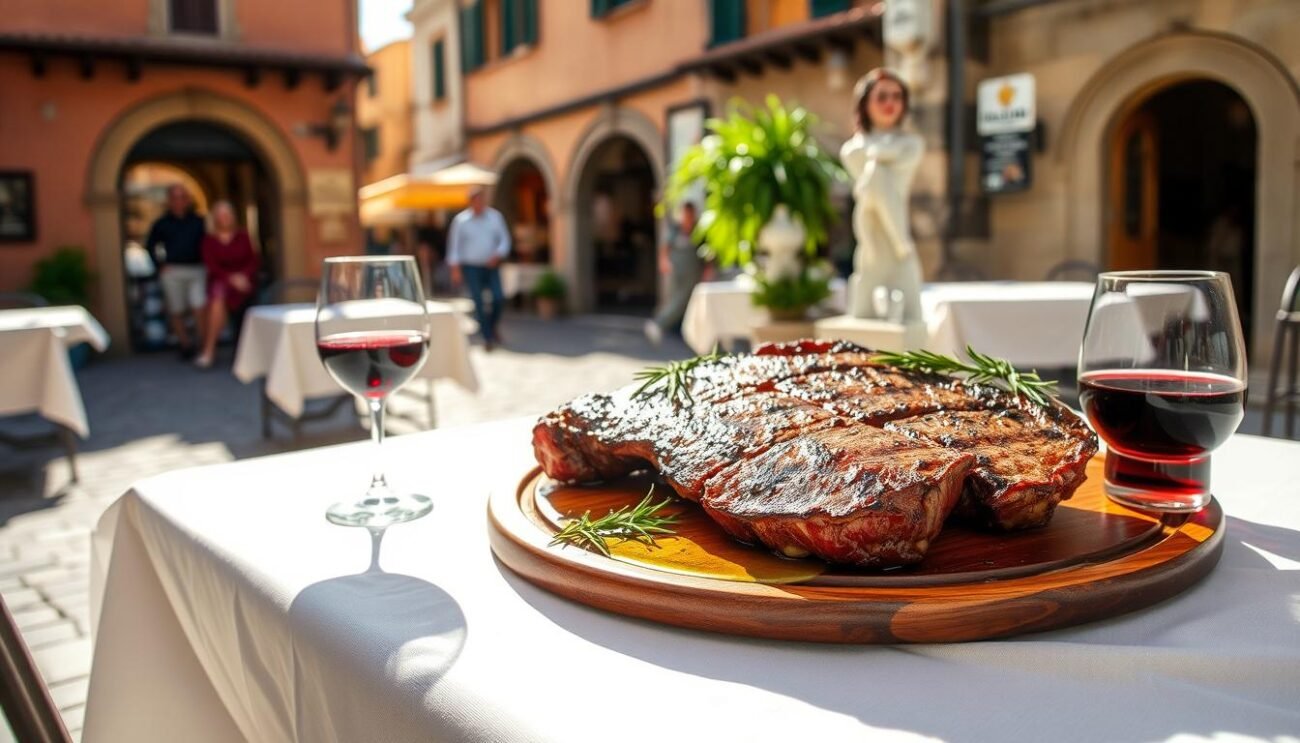 A sun-drenched table in a quaint Tuscan piazza, adorned with a crisp white tablecloth and a steaming platter of sizzling, perfectly grilled bistecca fiorentina. The thick, juicy cut of prime beef, seared to a tantalizing char on the outside yet tender and pink within, rests upon a wooden cutting board, surrounded by a garnish of fresh rosemary sprigs and a drizzle of vibrant green olive oil. The aroma of the meat, infused with the smoky essence of the charcoal grill, wafts through the air, enticing passersby to stop and savor this quintessential Florentine culinary experience. A glass of robust, ruby-red Chianti completes the scene, inviting diners to indulge in the culmination of centuries-old tradition and the true essence of Tuscan hospitality.