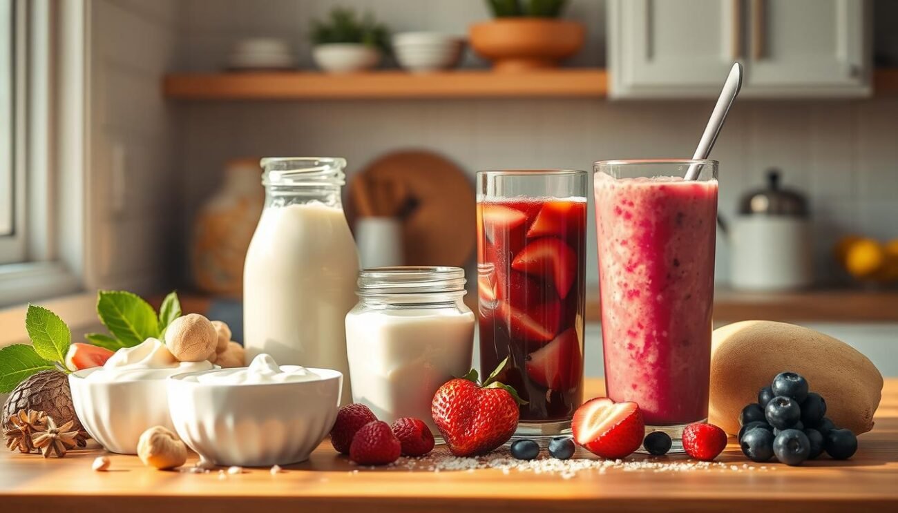 A sunlit kitchen counter filled with an assortment of plant-based alternatives to dairy, including a creamy cashew-based yogurt, a rich coconut-derived cream, and a vibrant fruit smoothie made with a variety of juices. The scene exudes a sense of health and vitality, with the ingredients arranged in a visually appealing manner that invites the viewer to explore these dairy-free options. The lighting is soft and natural, casting a warm glow over the scene and highlighting the texture and colors of the various ingredients. The overall mood is one of inviting simplicity, showcasing how these dairy-free substitutes can be seamlessly incorporated into delicious and nourishing desserts and baked goods.