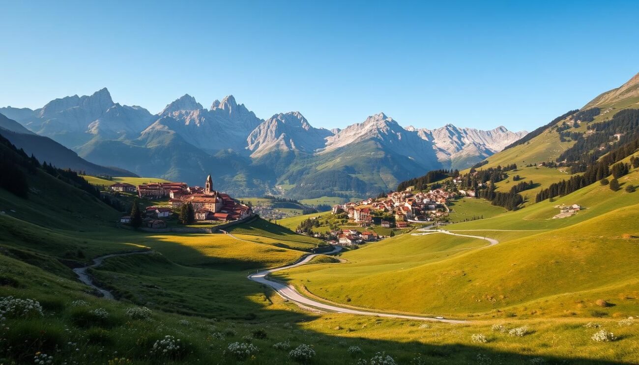 A sweeping vista of the Valtellina valley, nestled between majestic Alpine peaks. In the foreground, a winding road snakes through rolling meadows dotted with wildflowers. Midground, clusters of charming villages perch atop verdant hillsides, their terracotta roofs and stone walls gleaming in the warm, golden light. The background is dominated by a dramatic mountain range, its jagged summits reaching towards a crisp, azure sky. A sense of tranquility and timeless beauty pervades the scene, inviting the viewer to explore the rich heritage and natural splendor of this remarkable alpine region.