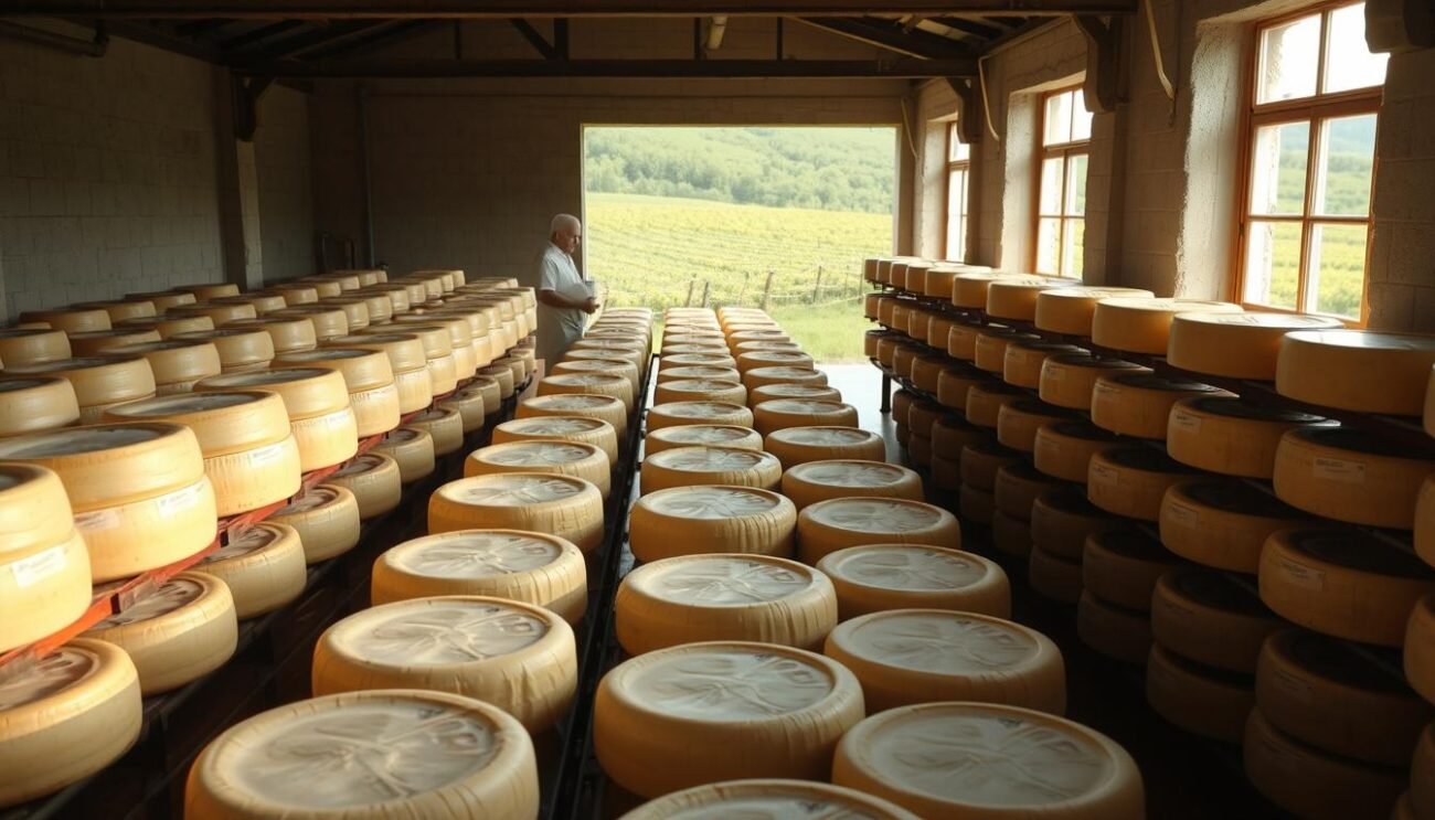 A traditional Grana Padano cheese production facility in the heart of the Italian countryside. Rows of aging wheels sit in a well-lit, temperature-controlled environment. Skilled cheesemakers carefully monitor the process, from curd formation to salting and aging. Soft, natural light filters through large windows, casting a warm glow over the scene. The air is thick with the rich, nutty aroma of the maturing cheese. In the background, a lush green landscape frames the bucolic setting, connecting the artisanal craft to the land that nourishes it.