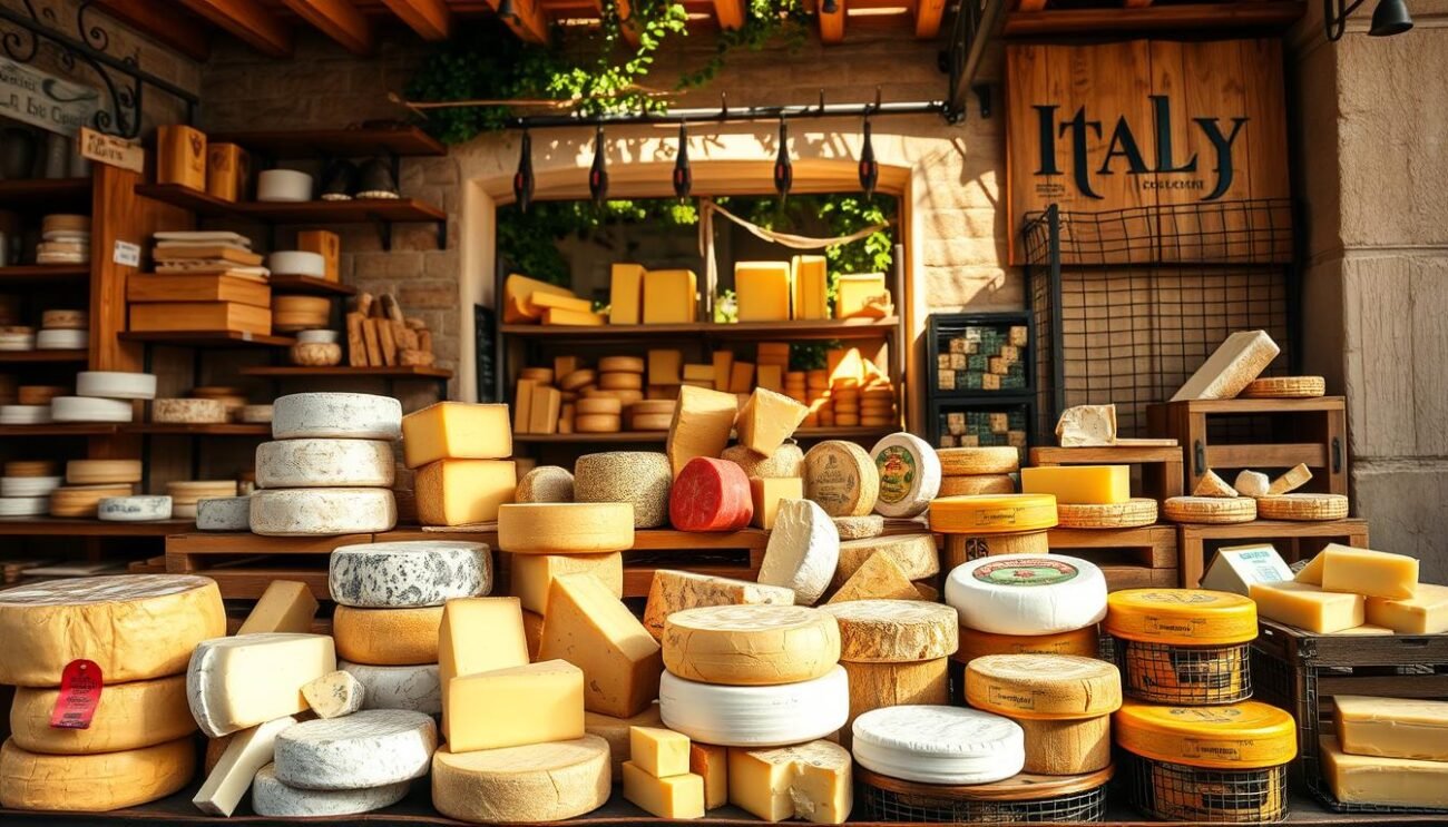 A traditional Italian cheese shop, showcasing a vibrant display of handcrafted formaggi. The foreground features a selection of diverse cheeses - from creamy Gorgonzola and aged Parmigiano-Reggiano to soft Taleggio and tangy Pecorino Romano. In the middle ground, wooden crates and wire-mesh shelves hold additional specialty cheeses, each with its own distinct aroma and texture. The background reveals a rustic, sun-dappled storefront, with terracotta tiles, wrought-iron fixtures, and a weathered wooden sign that evokes the rich culinary heritage of Italy. The overall scene emanates a sense of artisanal craftsmanship, cultural tradition, and gastronomic delight.