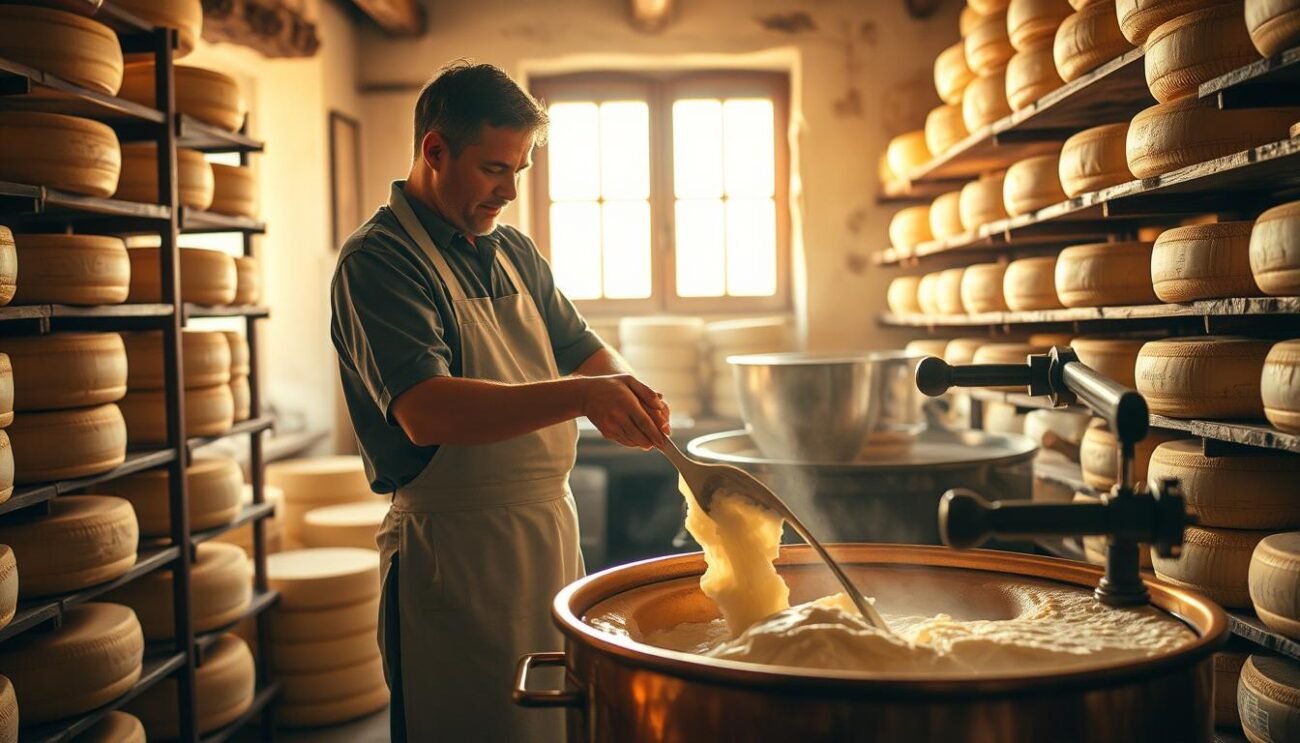 A traditional Italian cheesemaking workshop, with a skilled master cheesemaker meticulously crafting artisanal cheeses. The scene is bathed in warm, golden light filtering through large windows, casting a cozy, rustic atmosphere. Shelves line the walls, brimming with aging wheels of cheese, their surfaces textured and glistening. In the foreground, the cheesemaker carefully stirs a large copper vat, their experienced hands guiding the process with precision. The room is filled with the rich, aromatic scents of aging curds and the hum of carefully monitored equipment. This image captures the essence of the artisanal cheesemaking tradition in Italy, a testament to the dedication and expertise of the master cheesemakers.