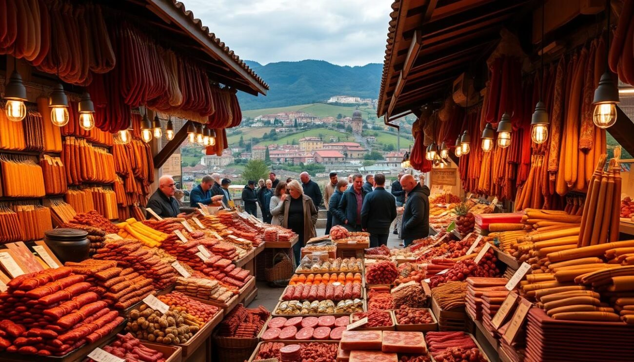 A traditional Italian countryside market, overflowing with an abundant display of cured meats and savory sausages. Vibrant reds, browns, and golds fill the foreground, as skilled artisans carefully arrange their local specialties - salami, prosciutto, and various handcrafted insaccati. The middle ground showcases eager shoppers perusing the stalls, immersed in the lively atmosphere. In the background, a picturesque rural landscape provides a serene setting, with rolling hills and quaint buildings. Warm, soft lighting illuminates the scene, creating a welcoming and authentic ambiance that invites the viewer to savor the flavors and traditions of Italy's renowned salumi culture.