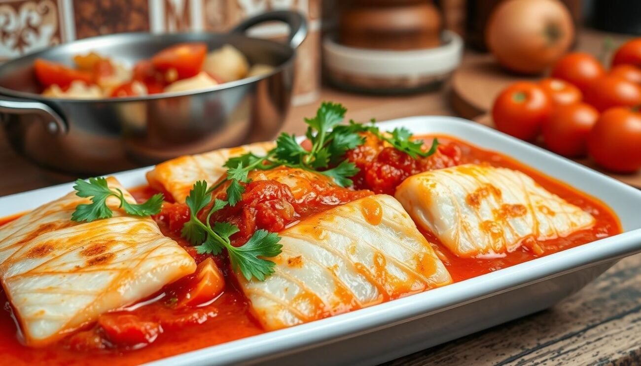 A traditional Italian fish dish, Stoccafisso all'Anconetana features sun-dried salt cod delicately simmered in a flavorful tomato-based sauce. In the foreground, the tender flakes of stoccafisso are bathed in a vibrant red sauce, garnished with fragrant parsley and a drizzle of golden olive oil. The middle ground reveals sautéed onions, garlic, and diced tomatoes, while the background hints at the rustic Italian kitchen setting, with terracotta tiles and weathered wooden surfaces. Soft, natural lighting casts a warm, inviting glow, capturing the essence of this classic Marche region specialty. The resulting image should evoke the comforting, homemade appeal of this authentic Italian seafood dish. A traditional Italian fish dish, Stoccafisso all'Anconetana features sun-dried salt cod delicately simmered in a flavorful tomato-based sauce. In the foreground, the tender flakes of stoccafisso are bathed in a vibrant red sauce, garnished with fragrant parsley and a drizzle of golden olive oil. The middle ground reveals sautéed onions, garlic, and diced tomatoes, while the background hints at the rustic Italian kitchen setting, with terracotta tiles and weathered wooden surfaces. Soft, natural lighting casts a warm, inviting glow, capturing the essence of this classic Marche region specialty. The resulting image should evoke the comforting, homemade appeal of this authentic Italian seafood dish.