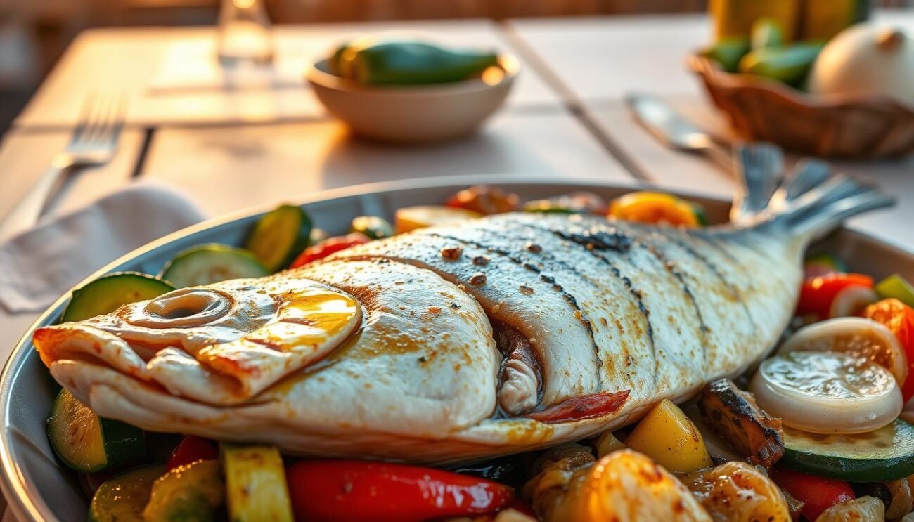 A traditional Italian seafood dish from the Basilicata region, showcasing the vibrant blue-green hues of the "pesce azzurro lucano". In the foreground, a succulent filet of fish, glistening with a light olive oil glaze, surrounded by a medley of sautéed local vegetables - zucchini, peppers, and onions. The middle ground features a rustic wooden table, adorned with a simple linen tablecloth, capturing the authentic culinary traditions of the Lucanian countryside. The background evokes a warm, golden-hour lighting, casting a cozy, inviting atmosphere, reminiscent of the rich cultural heritage of the Basilicata region. A traditional Italian seafood dish from the Basilicata region, showcasing the vibrant blue-green hues of the "pesce azzurro lucano". In the foreground, a succulent filet of fish, glistening with a light olive oil glaze, surrounded by a medley of sautéed local vegetables - zucchini, peppers, and onions. The middle ground features a rustic wooden table, adorned with a simple linen tablecloth, capturing the authentic culinary traditions of the Lucanian countryside. The background evokes a warm, golden-hour lighting, casting a cozy, inviting atmosphere, reminiscent of the rich cultural heritage of the Basilicata region.