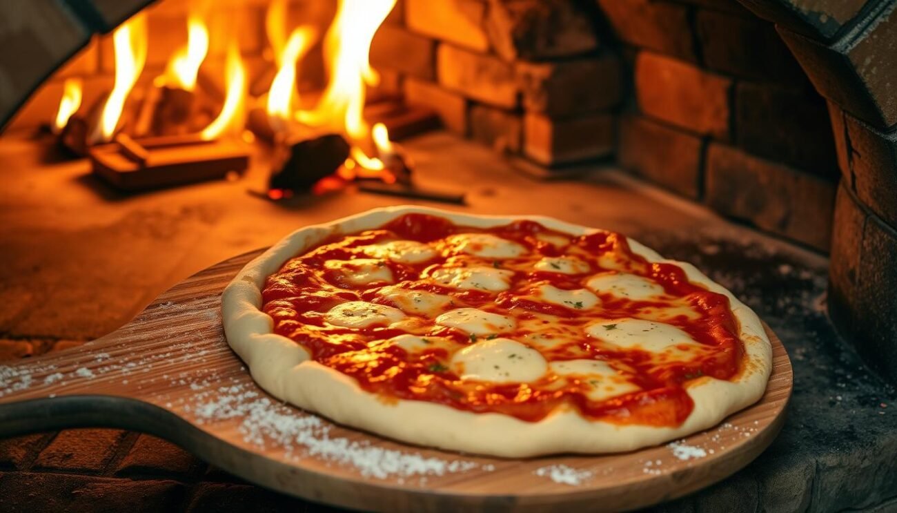 A traditional Italian wood-fired pizza oven, its brick interior glowing with the warmth of a crackling fire. The dough, lovingly kneaded and stretched, is placed onto a wooden peel, its surface dotted with flour. Tomato sauce, glistening with olive oil, is carefully ladled onto the dough, followed by a generous layer of melted cheese, its edges crisping under the intense heat. The aroma of baking bread and sizzling toppings fills the air, creating a mouthwatering scene that captures the essence of Italian culinary traditions. The pizza bakes to a golden perfection, its crust charred in just the right places, ready to be enjoyed as a beloved part of the Italian cultural experience.