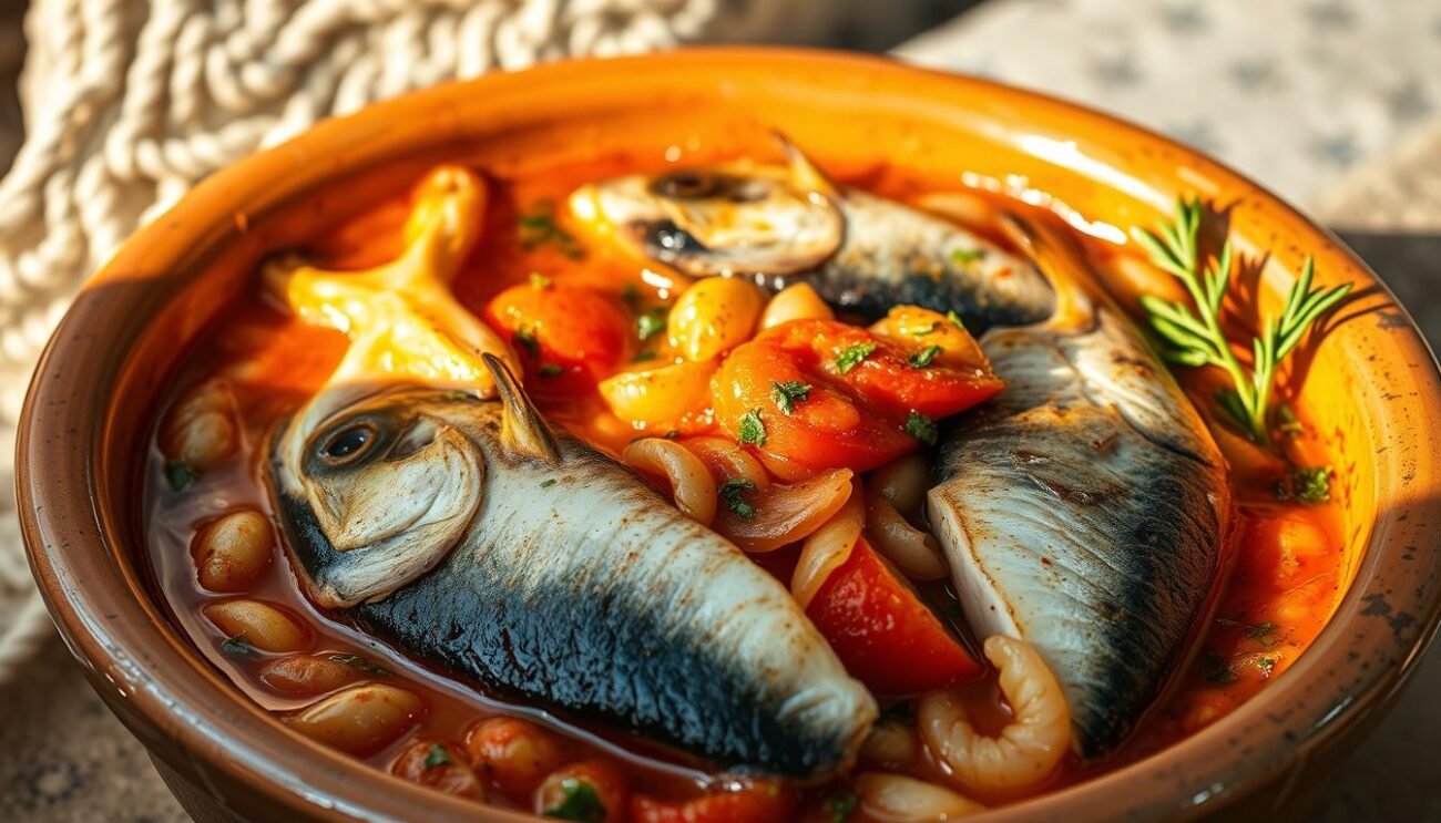 A traditional Puglian seafood stew, "ricciola umido" features the bold flavors of fresh amberjack simmered in a savory tomato-based broth. Set against a rustic, sun-drenched backdrop, the dish is presented in an earthenware bowl, its vibrant colors and textures evoking the essence of coastal Italian cuisine. Tender fish fillets nestle among sautéed onions, garlic, and aromatic herbs, radiating a comforting aroma. Soft lighting casts a warm glow, highlighting the dish's homestyle appeal and the rustic charm of its Puglian origins.