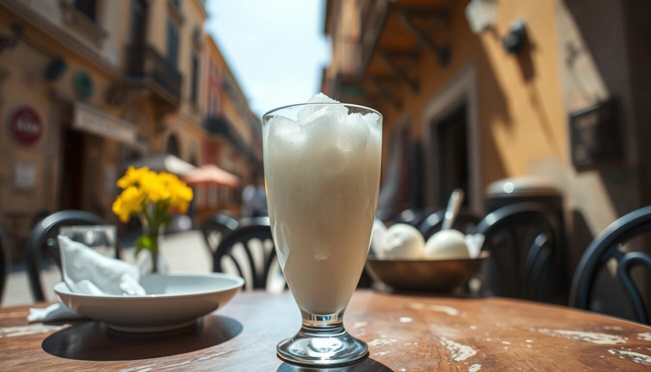 A traditional Sicilian granita, a semi-frozen dessert made with pure almond milk, no added sugar. The texture is icy and grainy, with a vibrant, creamy white color. Served in a tall glass, the granita glistens under the warm Sicilian sun, casting soft shadows on the table. The almond flavor is intense, with a delicate hint of citrus. The scene evokes the historic streets of Sicily, where this beloved treat has been enjoyed for generations. Captured with a wide angle lens, the image showcases the simple, elegant nature of this iconic Sicilian dessert. A traditional Sicilian granita, a semi-frozen dessert made with pure almond milk, no added sugar. The texture is icy and grainy, with a vibrant, creamy white color. Served in a tall glass, the granita glistens under the warm Sicilian sun, casting soft shadows on the table. The almond flavor is intense, with a delicate hint of citrus. The scene evokes the historic streets of Sicily, where this beloved treat has been enjoyed for generations. Captured with a wide angle lens, the image showcases the simple, elegant nature of this iconic Sicilian dessert.