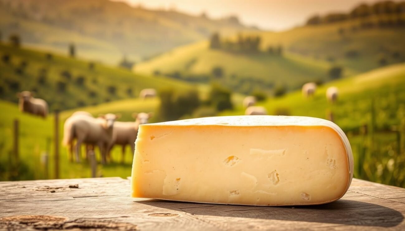 A traditional Tuscan pecorino cheese, Pecorino delle Balze Volterrane DOP, rests on a weathered wooden surface. The soft, creamy wheel is adorned with a natural rind, showcasing the artisanal craftsmanship of its producers. In the background, rolling hills and lush vegetation evoke the picturesque Tuscan countryside, where the sheep graze on the verdant pastures. Warm, golden lighting casts a rustic, inviting glow, highlighting the cheese's rich, nutty aroma and the care taken in its maturation process. The overall scene conveys the unique terroir and authentic production methods that define this cherished regional specialty.