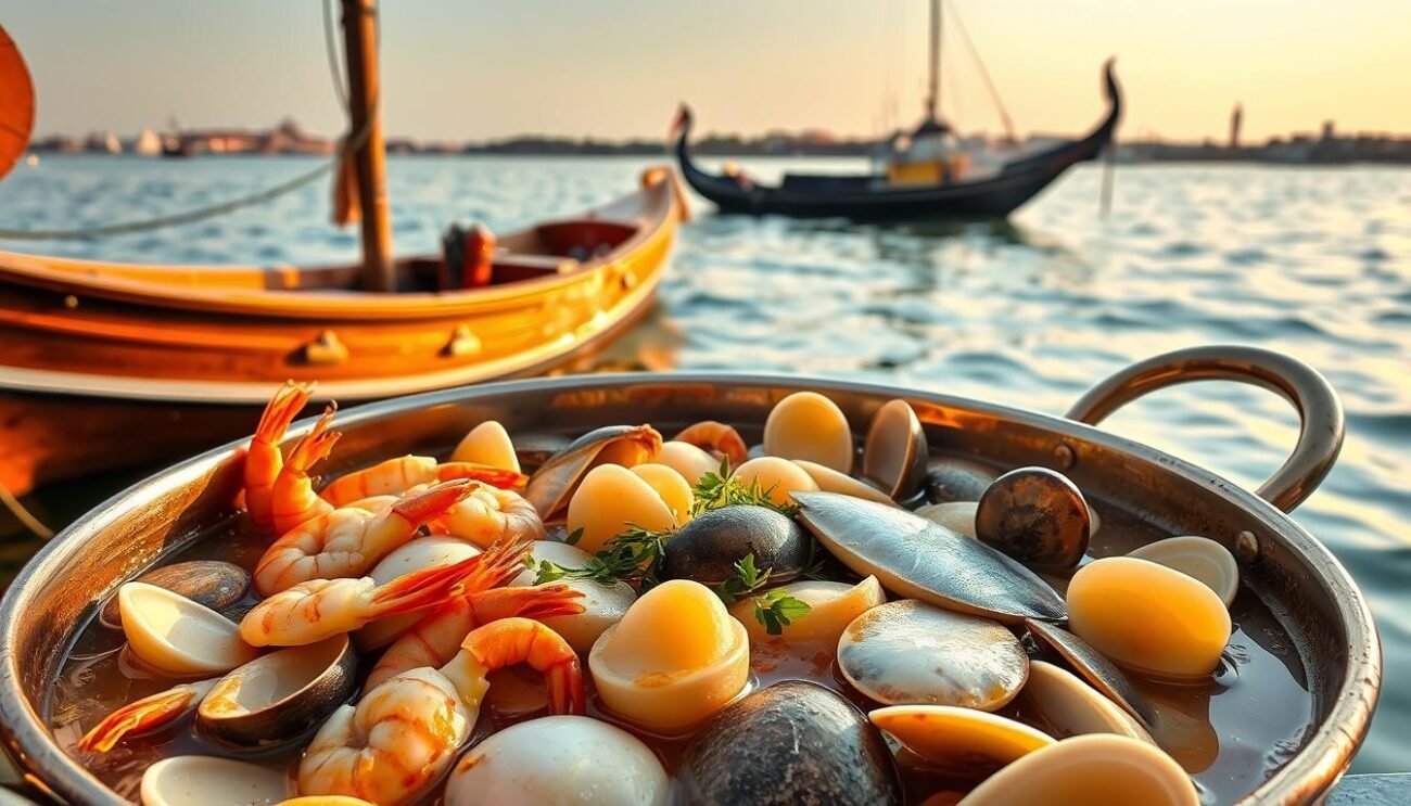 A traditional Venetian fishing boat glides across the tranquil lagoon, its wooden hull reflecting the warm hues of the setting sun. In the foreground, a bountiful catch of fresh seafood - plump shrimp, tender clams, and firm white fish - simmers in a copper pot, filling the air with the aromatic scents of garlic, herbs, and white wine. The scene evokes the rich maritime heritage and time-honored culinary traditions of the Veneto region, where this beloved brodetto di pesce has been savored for generations.