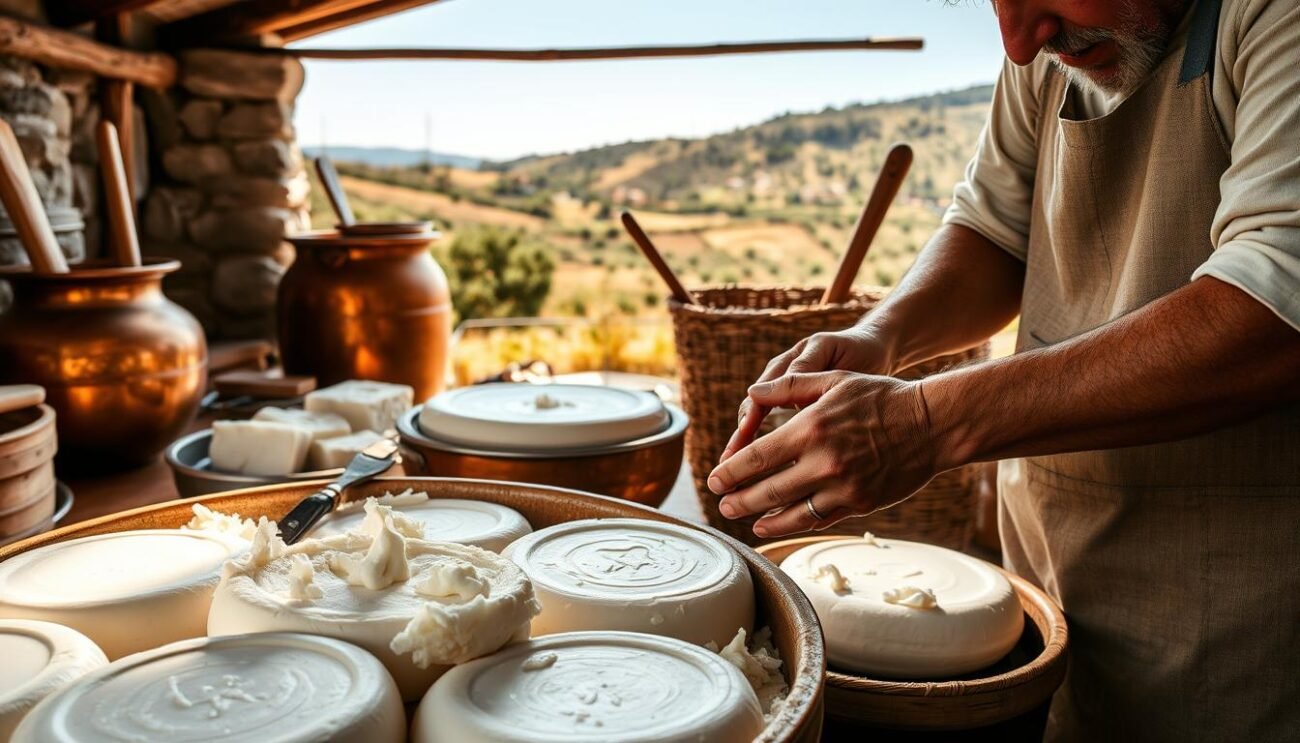 A traditional cheesemaking scene in a rustic Italian countryside. In the foreground, skilled artisans delicately shape the fresh, creamy curds of Burrata di Andria IGP, their experienced hands molding the soft, pliant cheese with meticulous care. The middle ground reveals the cheesemaking equipment - copper cauldrons, wooden paddles, and woven baskets, all burnished by years of use. In the background, a sun-dappled landscape of rolling hills, olive groves, and distant buildings sets the scene, evoking the regional terroir that imbues this cheese with its distinctive flavor. Soft, natural lighting casts a warm, golden glow, highlighting the artisanal process and the pride of the local producers.