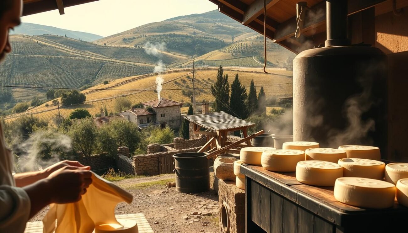 A traditional cheesemaking scene in the rolling hills of the Nebrodi Mountains in Sicily. In the foreground, skilled local artisans carefully stretch and shape the fresh provola cheese curds, their hands moving with practiced precision. The middle ground showcases the unique smoking process, with wisps of fragrant smoke billowing from a traditional wood-fired smoker. In the background, a quaint stone farmhouse nestled among olive groves and vineyards, representing the centuries-old heritage of this regional specialty. Warm, natural lighting illuminates the scene, casting a rustic, authentic atmosphere. This timeless image captures the essence of the traditional production methods that define the Provola dei Nebrodi DOP, a treasured Sicilian smoked cheese. A traditional cheesemaking scene in the rolling hills of the Nebrodi Mountains in Sicily. In the foreground, skilled local artisans carefully stretch and shape the fresh provola cheese curds, their hands moving with practiced precision. The middle ground showcases the unique smoking process, with wisps of fragrant smoke billowing from a traditional wood-fired smoker. In the background, a quaint stone farmhouse nestled among olive groves and vineyards, representing the centuries-old heritage of this regional specialty. Warm, natural lighting illuminates the scene, casting a rustic, authentic atmosphere. This timeless image captures the essence of the traditional production methods that define the Provola dei Nebrodi DOP, a treasured Sicilian smoked cheese.