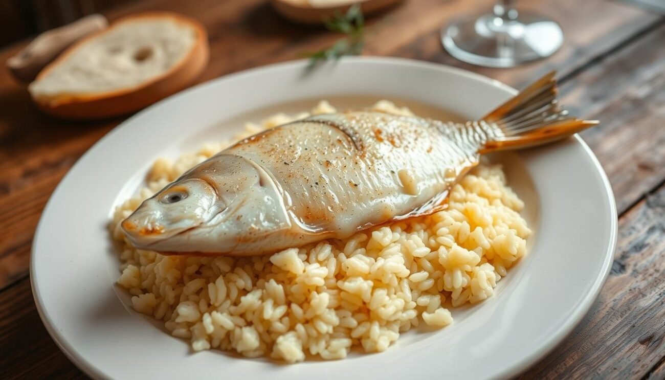 A traditional dish from the Emilia-Romagna region, "sogliole alla mugnaia" features delicate sole fillets gently pan-fried and served in a light, creamy sauce. The fish glistens under the soft, diffused lighting, resting atop a bed of steaming, buttery rice. In the background, a rustic, wooden table speaks to the homestyle origins of this beloved regional specialty. The overall atmosphere conveys the warmth and comfort of authentic Italian cuisine, perfectly suited to illustrate the traditions of Emilia-Romagna's celebrated culinary heritage.