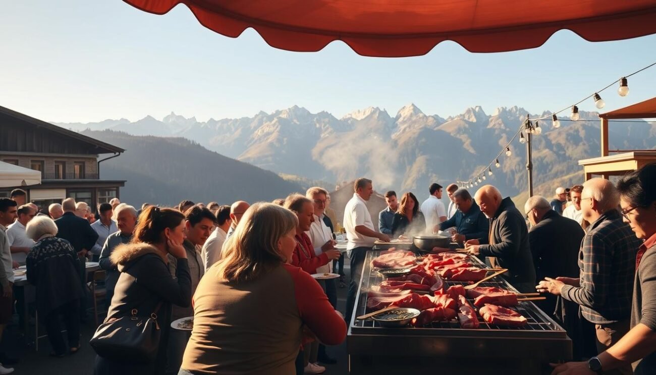 A traditional festival in the Italian town of Pozza, featuring the locally-sourced Manzo di Pozza, a protected designation of origin (DOP) beef. In the foreground, a group of people gathered around a long table, enjoying a hearty meal together. Middle ground showcases the preparation of the meat, with chefs tending to the grill. In the background, the picturesque Dolomite mountains provide a stunning natural backdrop, evoking a sense of rustic Italian charm. Warm, golden lighting casts a cozy glow over the scene, capturing the celebratory atmosphere of this time-honored event that pays homage to the region's culinary heritage. A traditional festival in the Italian town of Pozza, featuring the locally-sourced Manzo di Pozza, a protected designation of origin (DOP) beef. In the foreground, a group of people gathered around a long table, enjoying a hearty meal together. Middle ground showcases the preparation of the meat, with chefs tending to the grill. In the background, the picturesque Dolomite mountains provide a stunning natural backdrop, evoking a sense of rustic Italian charm. Warm, golden lighting casts a cozy glow over the scene, capturing the celebratory atmosphere of this time-honored event that pays homage to the region's culinary heritage.