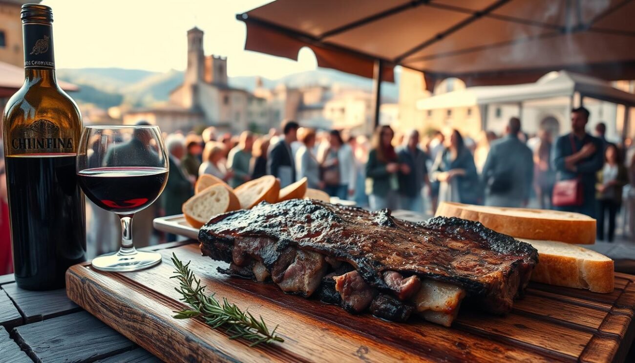 A traditional open-air Tuscan sagra (festival) in the historic town of Cortona, featuring a mouthwatering display of sizzling bistecca alla fiorentina (Florentine steak) grilled over charcoal. In the foreground, a juicy, char-grilled steak rests on a wooden cutting board, surrounded by rustic elements like a glass of robust Chianti, crusty bread, and a sprig of rosemary. The middle ground showcases a lively crowd of locals and visitors savoring the renowned Cortona beef, while the background captures the charming medieval architecture and rolling Tuscan hills. The scene is bathed in warm, golden lighting, evoking the convivial atmosphere of this beloved annual celebration of Cortona's gastronomic heritage.