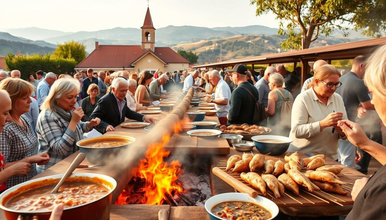 A traditional outdoor food festival in the charming village of Villanova d'Albenga, Liguria. A bustling scene of local families and visitors gathered around rustic wooden tables, savoring the tender, succulent meat of the Lagomorph Rabbit. Sizzling pots of rabbit stew and skewers of roasted rabbit over an open fire fill the air with mouthwatering aromas. In the background, a quaint church steeple and rolling hills of the Ligurian countryside create a picturesque, timeless setting. Warm, golden lighting accentuates the convivial atmosphere, capturing the essence of this cherished gastronomic tradition.