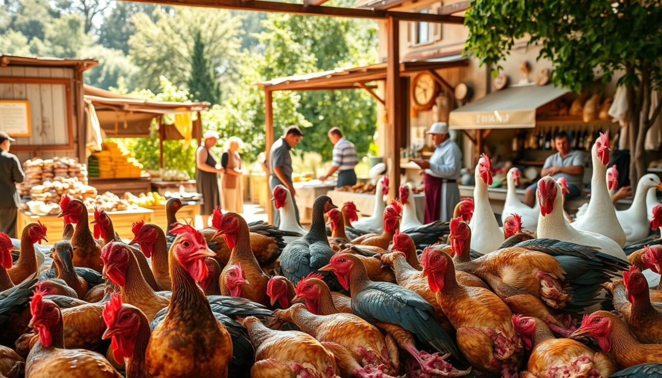 A traditional outdoor poultry festival in the Italian countryside. In the foreground, a vibrant display of freshly butchered chickens, ducks, and geese, their rich colors and textures captured in high detail. In the middle ground, vendors in traditional dress showcase local delicacies and artisanal products. The background features a rustic, sun-dappled setting, with weathered wooden structures and lush greenery framing the scene. The lighting is warm and natural, casting a golden glow over the entire composition. The overall mood is one of celebration, tradition, and the bounty of the land.