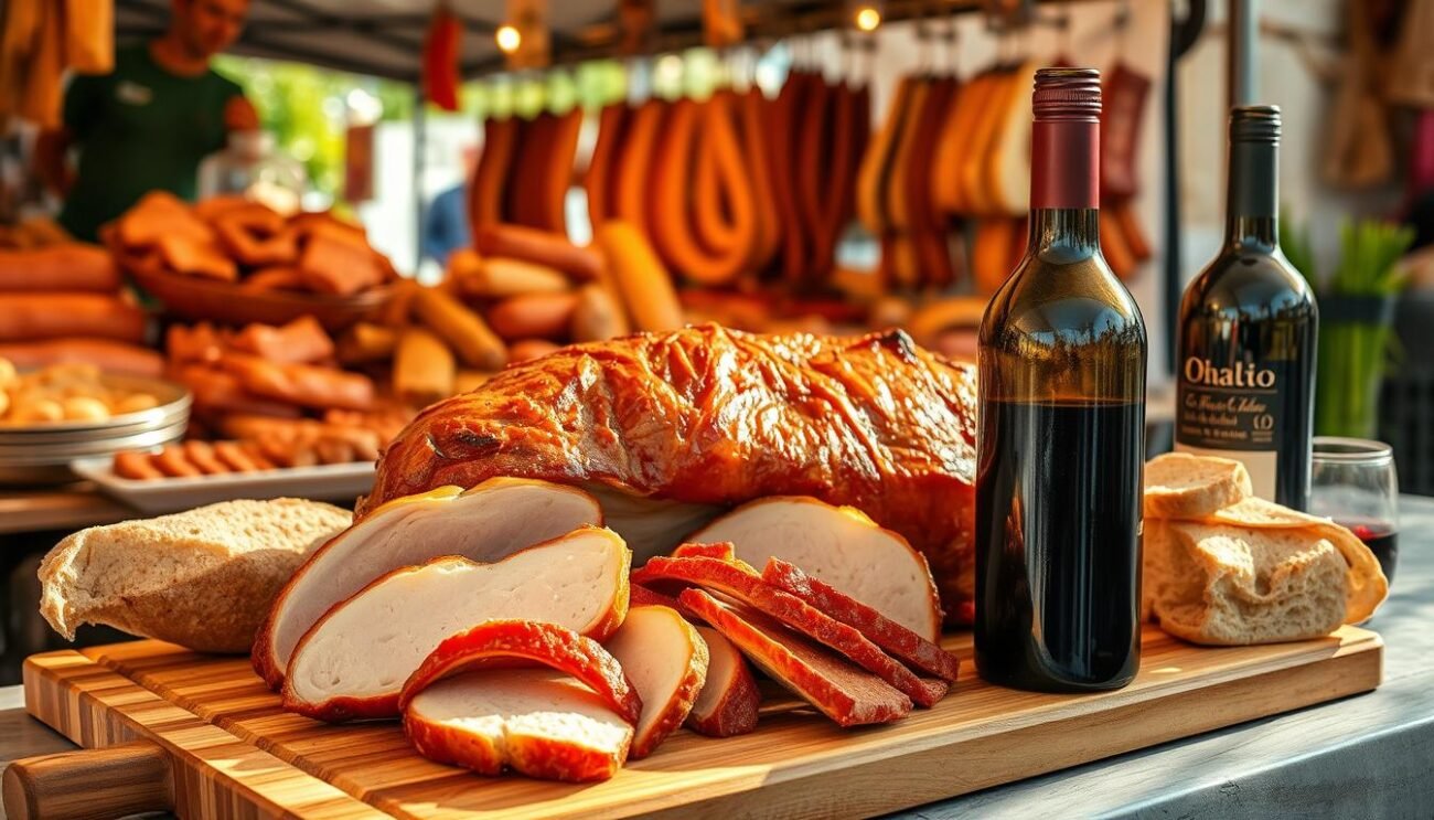 A traditional sagra porchetta scene set in the Italian countryside. A whole roasted pork belly, golden brown and glistening, is the centerpiece. Thin slices of tender, juicy meat are arranged on a wooden cutting board, alongside crusty bread and a bottle of robust red wine. In the background, an open-air market stall displays an array of other traditional Italian pork products. The scene is bathed in warm, natural lighting, conveying the rustic, celebratory atmosphere of a local pork festival. The overall composition captures the essence of a quintessential Italian "sagra della carne suina" - a traditional pork celebration.