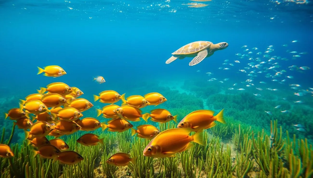 A tranquil seascape depicting the diverse marine life found in the Italian waters. In the foreground, a vibrant school of colorful Mediterranean fish, their scales glimmering under the warm, golden sunlight that filters through the azure waters. In the middle ground, a majestic sea turtle gracefully navigates the currents, while in the background, a shoal of smaller, silvery fish dart through the undulating seagrass. The composition captures the serene, bountiful nature of the Italian seas, inviting the viewer to explore the rich ecosystem teeming with life.