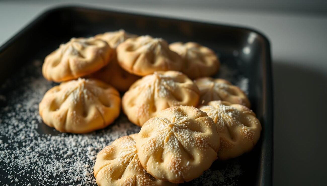 A tray of ricciarelli proteici, delicate almond-based cookies dusted with coconut sugar. The soft, pillowy treats are arranged artfully, their golden-brown tops glistening under the warm studio lighting. The foreground showcases the intricate texture of the ricciarelli, while the middle ground features a few cookies slightly askew, adding a sense of effortless elegance. The background fades into a minimalist, muted setting, allowing the focus to remain solely on the modern interpretation of this classic Sienese confection. A tray of ricciarelli proteici, delicate almond-based cookies dusted with coconut sugar. The soft, pillowy treats are arranged artfully, their golden-brown tops glistening under the warm studio lighting. The foreground showcases the intricate texture of the ricciarelli, while the middle ground features a few cookies slightly askew, adding a sense of effortless elegance. The background fades into a minimalist, muted setting, allowing the focus to remain solely on the modern interpretation of this classic Sienese confection.