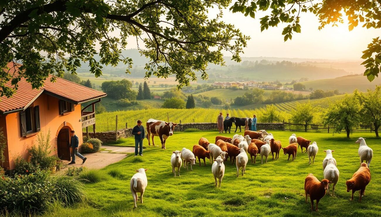 A verdant, idyllic countryside scene showcasing the distinct features of an agriturismo and a fattoria didattica. In the foreground, a traditional farmhouse with warm, inviting tones and a charming rustic exterior, surrounded by rolling hills and lush vegetation. In the middle ground, a herd of contented farm animals - cows, sheep, and chickens - grazing peacefully, while visitors of all ages interact with them, learning about sustainable agriculture. The background reveals sweeping vistas of flourishing orchards and vineyards, with a soft, golden light filtering through the branches, creating a serene and tranquil atmosphere. The overall composition captures the essence of these immersive rural experiences, blending the natural beauty of the Italian countryside with educational and interactive elements.