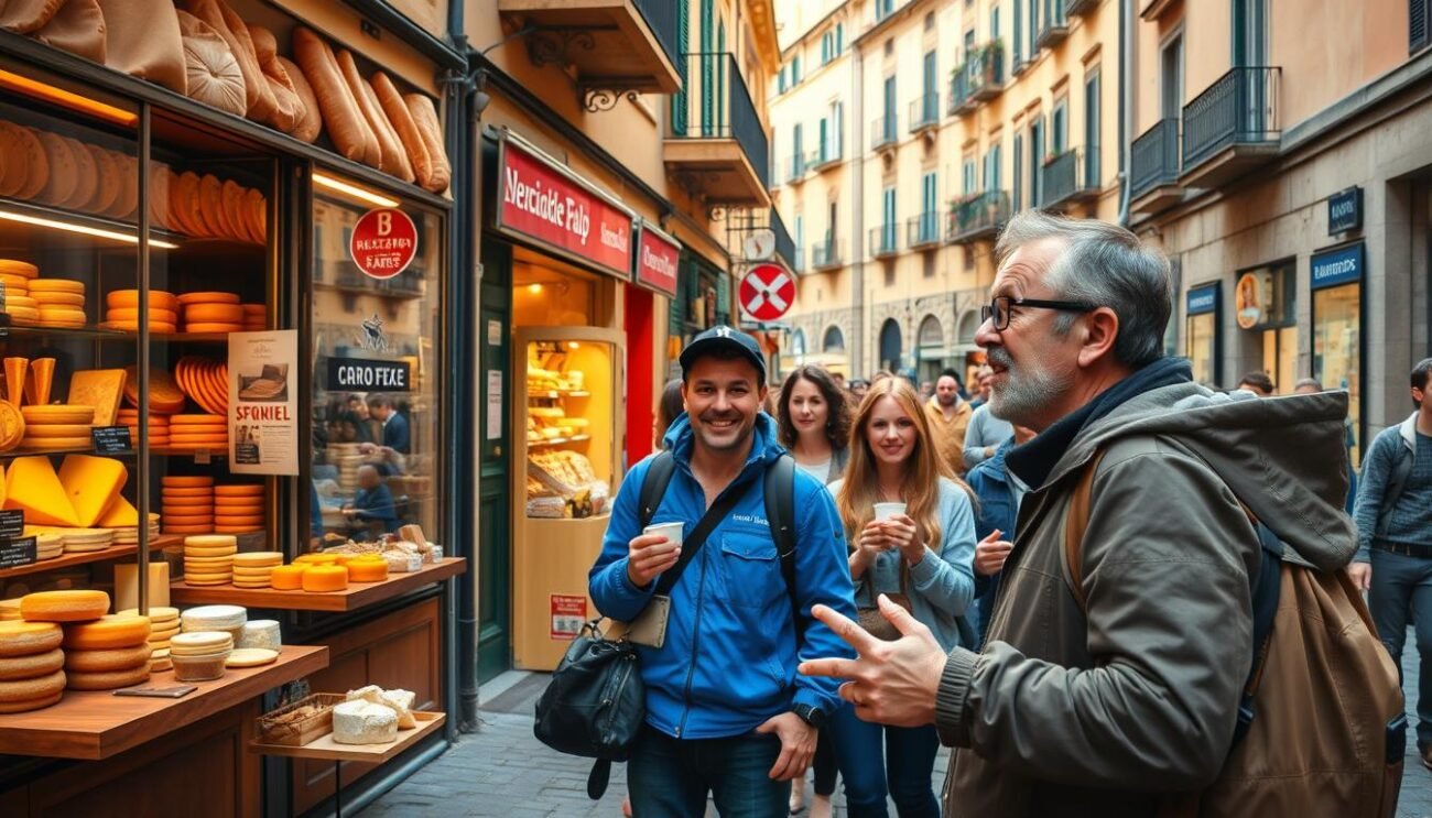 A vibrant and immersive urban gastronomic tour through the heart of Italy's bustling cities. Cobblestone streets lined with quaint specialty shops, their windows brimming with an array of artisanal cheeses and cured meats. The aroma of freshly baked breads and simmering sauces wafts through the air, enticing passersby to explore. In the foreground, a friendly local guide gestures animatedly, sharing the history and traditions of the city's thriving culinary scene. The middle ground features a group of intrigued tourists, eagerly sampling regional delicacies. The background showcases the iconic architecture of the city, bathed in warm, golden light that evokes the rich, inviting atmosphere of an authentic Italian experience. A vibrant and immersive urban gastronomic tour through the heart of Italy's bustling cities. Cobblestone streets lined with quaint specialty shops, their windows brimming with an array of artisanal cheeses and cured meats. The aroma of freshly baked breads and simmering sauces wafts through the air, enticing passersby to explore. In the foreground, a friendly local guide gestures animatedly, sharing the history and traditions of the city's thriving culinary scene. The middle ground features a group of intrigued tourists, eagerly sampling regional delicacies. The background showcases the iconic architecture of the city, bathed in warm, golden light that evokes the rich, inviting atmosphere of an authentic Italian experience.