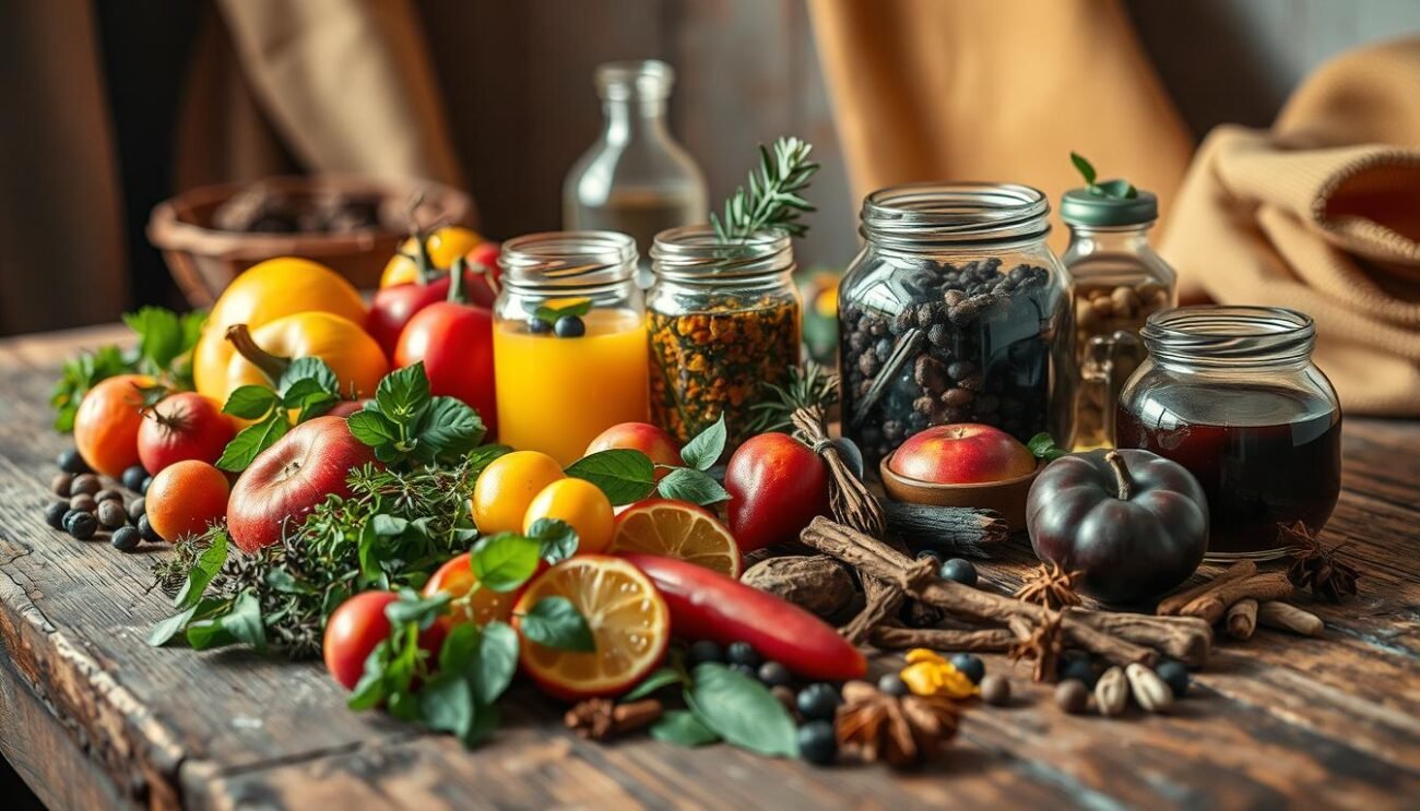 A vibrant array of natural substitutes for liquors, artfully arranged on a rustic wooden table. In the foreground, a harmonious blend of ripe fruits, fragrant herbs, and aromatic spices. Muted lighting casts a warm glow, creating a cozy, inviting atmosphere. In the middle ground, glass jars filled with aromatic concoctions, their colors and textures inviting the viewer to explore. The background features a subtle, yet elegant, Italian-inspired setting, with warm-toned fabrics and natural textures adding depth and character to the scene. This image captures the essence of the "Alternative Non Alcoliche per Tutti i Palati" section, showcasing a range of flavorful and visually appealing non-alcoholic options to complement the delicious liquor-infused desserts.