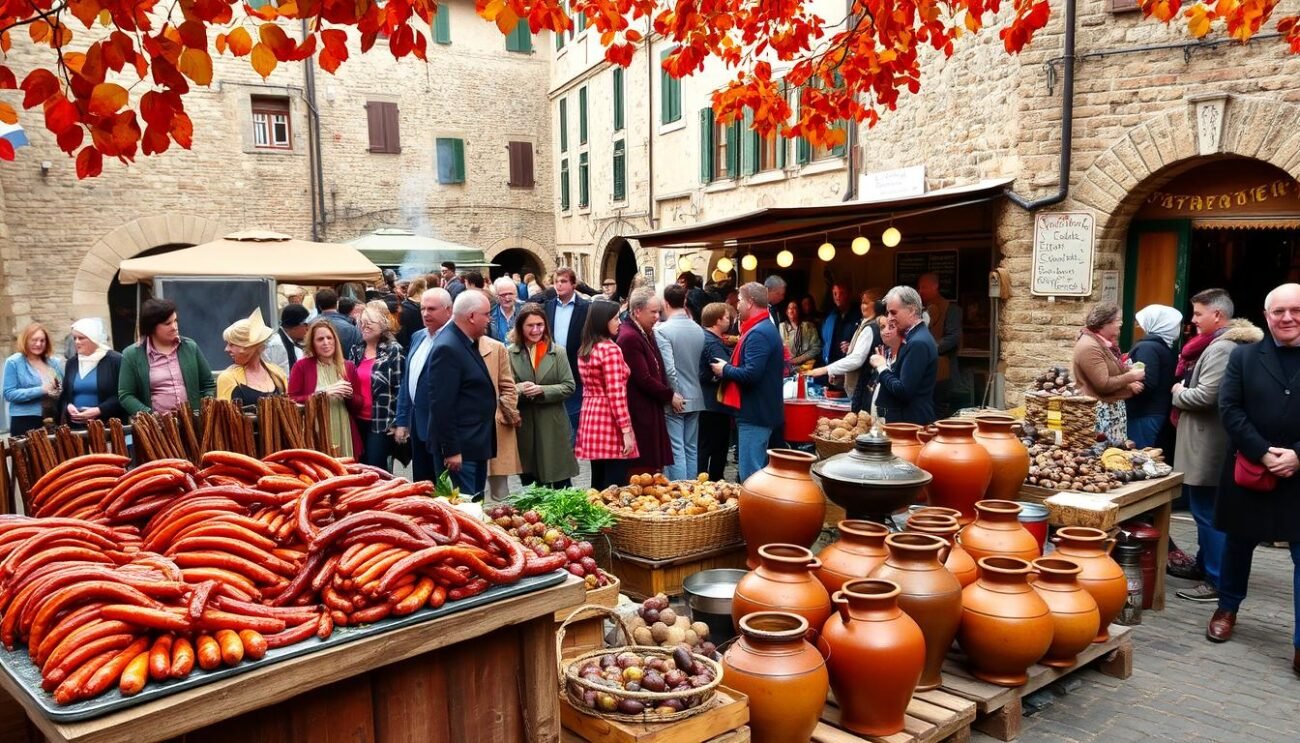 A vibrant autumn scene in the medieval town of Suvereto, Tuscany. The annual Sagra del Cinghiale (Wild Boar Festival) is in full swing, with local artisans and vendors filling the cobblestone streets. In the foreground, a rustic wooden stall overflows with wild boar sausages, roasted chestnuts, and earthenware vessels of Tuscan red wine. The aroma of wood smoke and chargrilled meat wafts through the air, mingling with the laughter of celebrants. In the middle ground, groups of people in traditional dress enjoy the festivities, while in the background, the weathered stone facades of historic buildings frame the scene, evoking a timeless, centuries-old tradition.