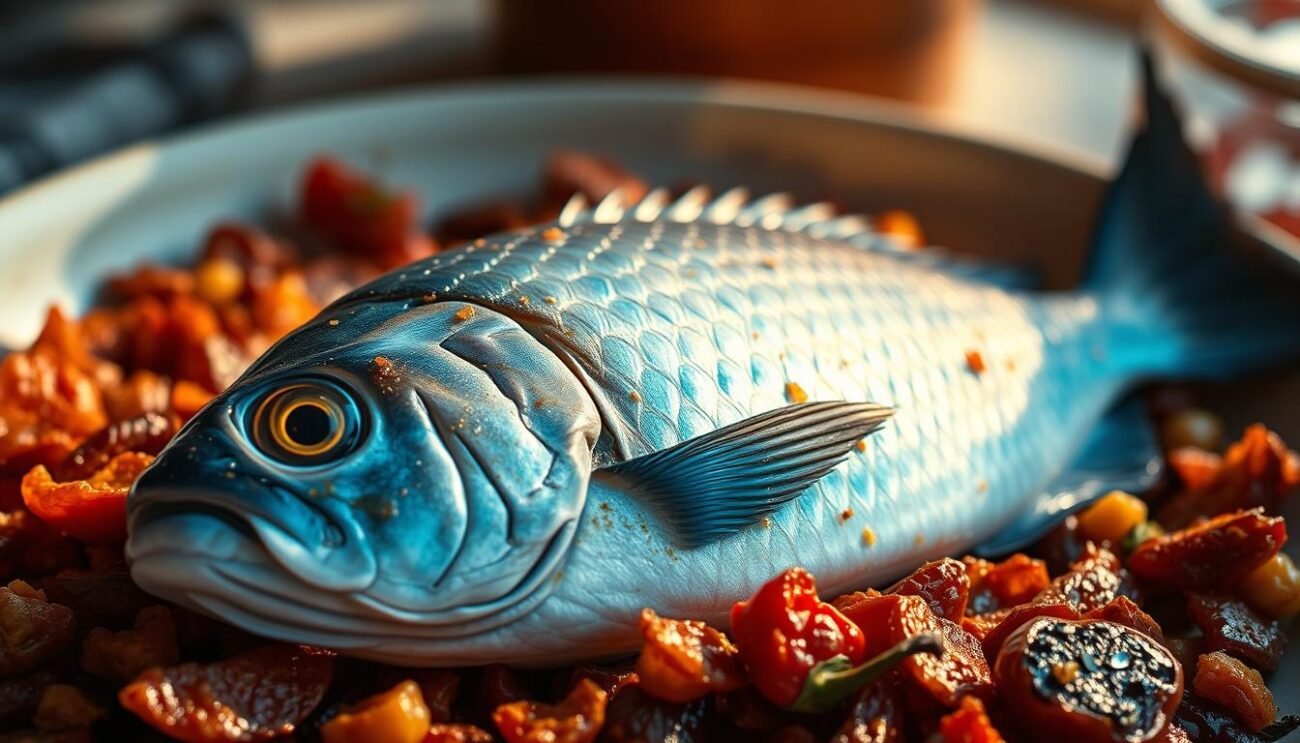 A vibrant blue fish, its scales shimmering like diamonds, rests atop a bed of crunchy, sun-dried peppers. The peppers, their deep red hues contrasting against the fish's azure tones, add a delightful crunch and subtle heat to the dish. The scene is bathed in warm, golden light, casting a cozy, rustic atmosphere. The camera angle captures the dish from a slightly elevated perspective, showcasing the interplay of textures and colors. This image perfectly captures the essence of the "Pesce Azzurro alla Lucana" recipe, highlighting the traditional use of the region's signature ingredient, the cruschi peppers, as a flavorful accompaniment to the fresh, local blue fish. A vibrant blue fish, its scales shimmering like diamonds, rests atop a bed of crunchy, sun-dried peppers. The peppers, their deep red hues contrasting against the fish's azure tones, add a delightful crunch and subtle heat to the dish. The scene is bathed in warm, golden light, casting a cozy, rustic atmosphere. The camera angle captures the dish from a slightly elevated perspective, showcasing the interplay of textures and colors. This image perfectly captures the essence of the "Pesce Azzurro alla Lucana" recipe, highlighting the traditional use of the region's signature ingredient, the cruschi peppers, as a flavorful accompaniment to the fresh, local blue fish.