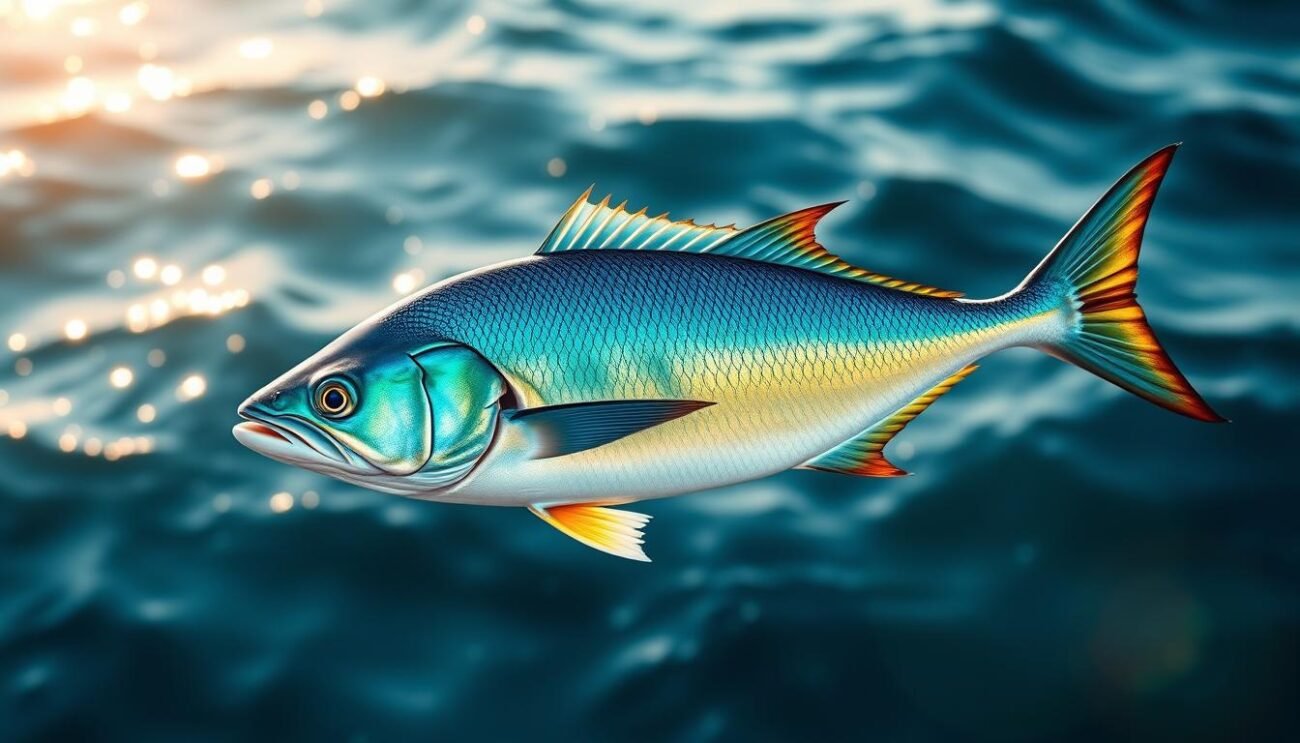 A vibrant blue-green fish swimming gracefully against a backdrop of shimmering waves. Its streamlined body glides effortlessly, showcasing the rich omega-3 content that makes it a nutritional powerhouse. Captured in a crisp, detailed portrait, the pesce azzurro's vibrant hues and elegant fins invite the viewer to appreciate its natural beauty and bountiful health benefits. Soft natural lighting casts a warm, ambient glow, creating a serene, inviting atmosphere that complements the subject's inherent vitality. The overall composition emphasizes the fish's elegance and the aquatic environment's tranquility, reflecting the traditional Lucanian culinary heritage and the nutritional richness of this celebrated blue fish. A vibrant blue-green fish swimming gracefully against a backdrop of shimmering waves. Its streamlined body glides effortlessly, showcasing the rich omega-3 content that makes it a nutritional powerhouse. Captured in a crisp, detailed portrait, the pesce azzurro's vibrant hues and elegant fins invite the viewer to appreciate its natural beauty and bountiful health benefits. Soft natural lighting casts a warm, ambient glow, creating a serene, inviting atmosphere that complements the subject's inherent vitality. The overall composition emphasizes the fish's elegance and the aquatic environment's tranquility, reflecting the traditional Lucanian culinary heritage and the nutritional richness of this celebrated blue fish.