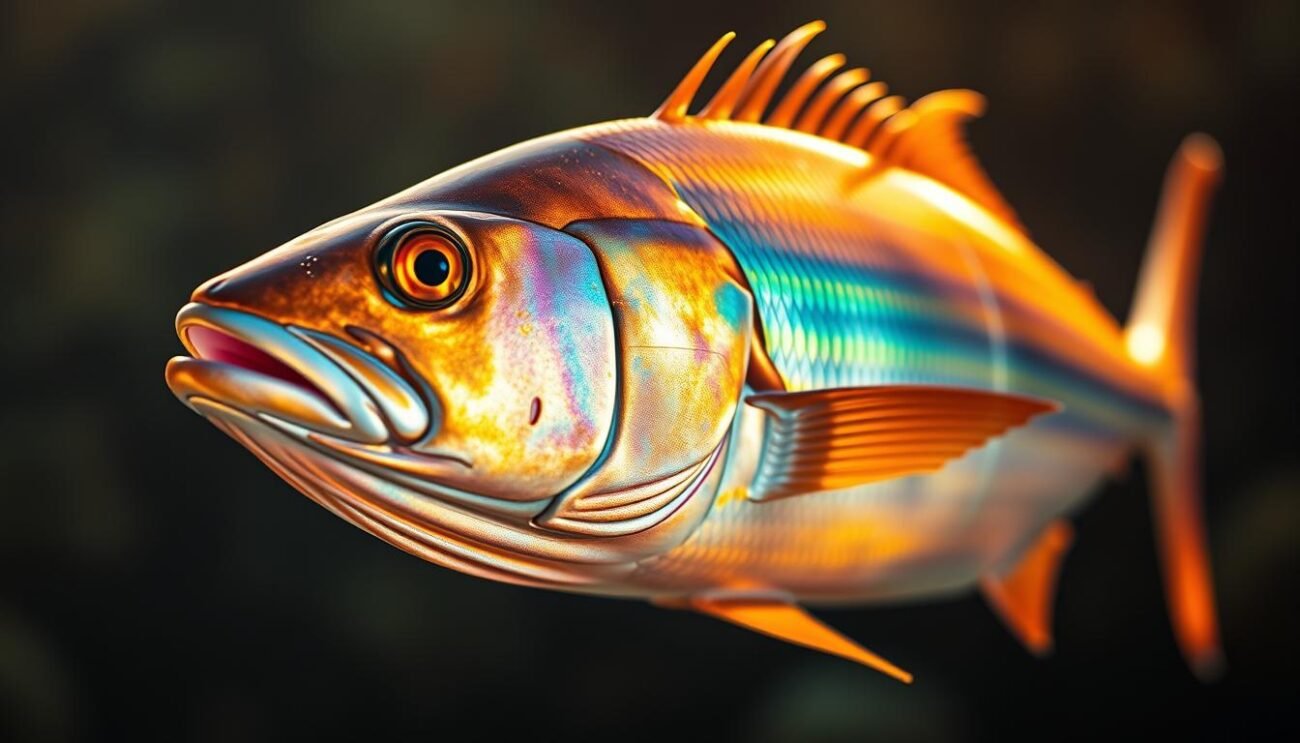 A vibrant, close-up portrait of a ricciola, the regal "queen" of the Mediterranean sea. The fish's iridescent scales shimmer in the warm, golden light, casting a soft, ethereal glow. The ricciola's powerful, muscular body is poised in a dynamic, swimming motion, conveying its majestic presence. The background is blurred, keeping the focus on the fish's captivating features - its piercing eyes, streamlined fins, and sculpted form. The overall composition evokes a sense of the ricciola's natural grace and splendor, befitting its status as a prized catch and culinary treasure.