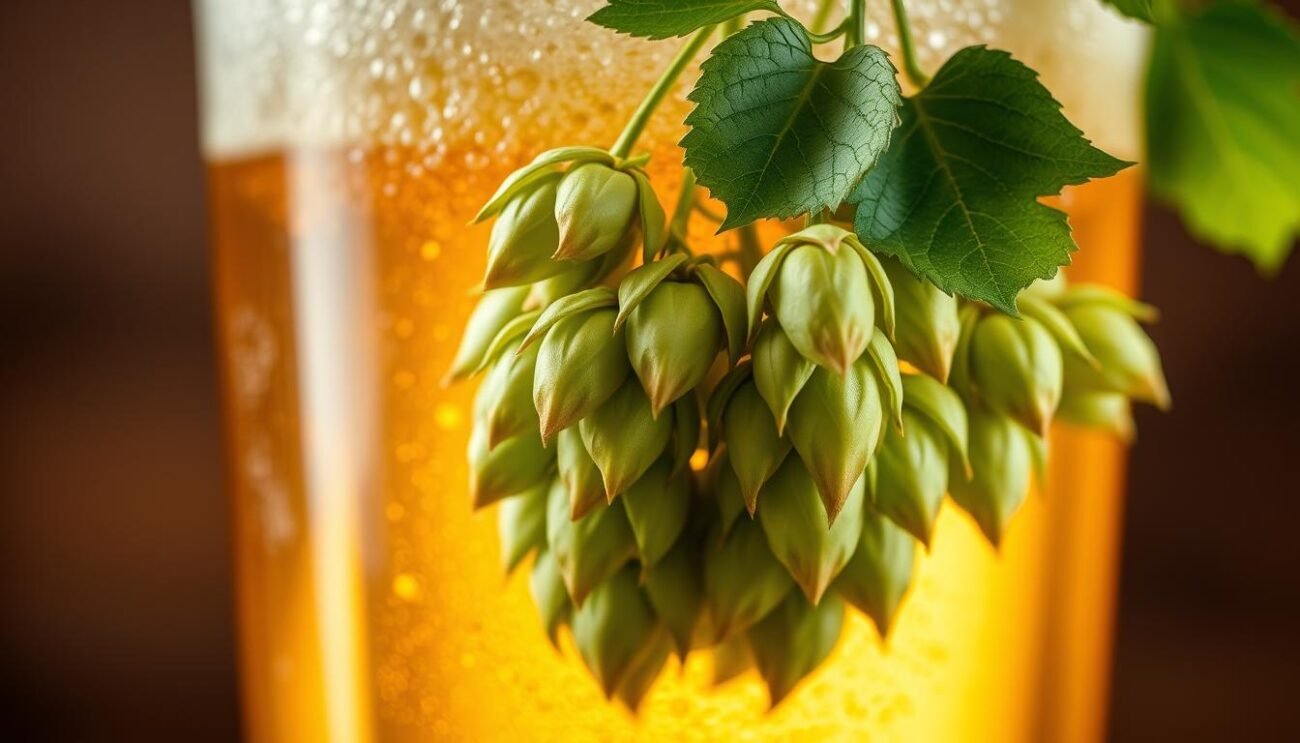 A vibrant, close-up shot of fresh hops cascading into a glass of amber beer, showcasing the essence of the hop's role in beer. The image should have a warm, inviting lighting that accentuates the lush, verdant hops and the rich, caramelized malt tones of the beer. Capture the texture and aroma of the hops, their delicate green leaves and fragrant lupulin glands, as they mingle with the effervescent brew. Compose the shot to highlight the symbiotic relationship between the hops and the beer, creating a captivating visual representation of the soul of the drink.