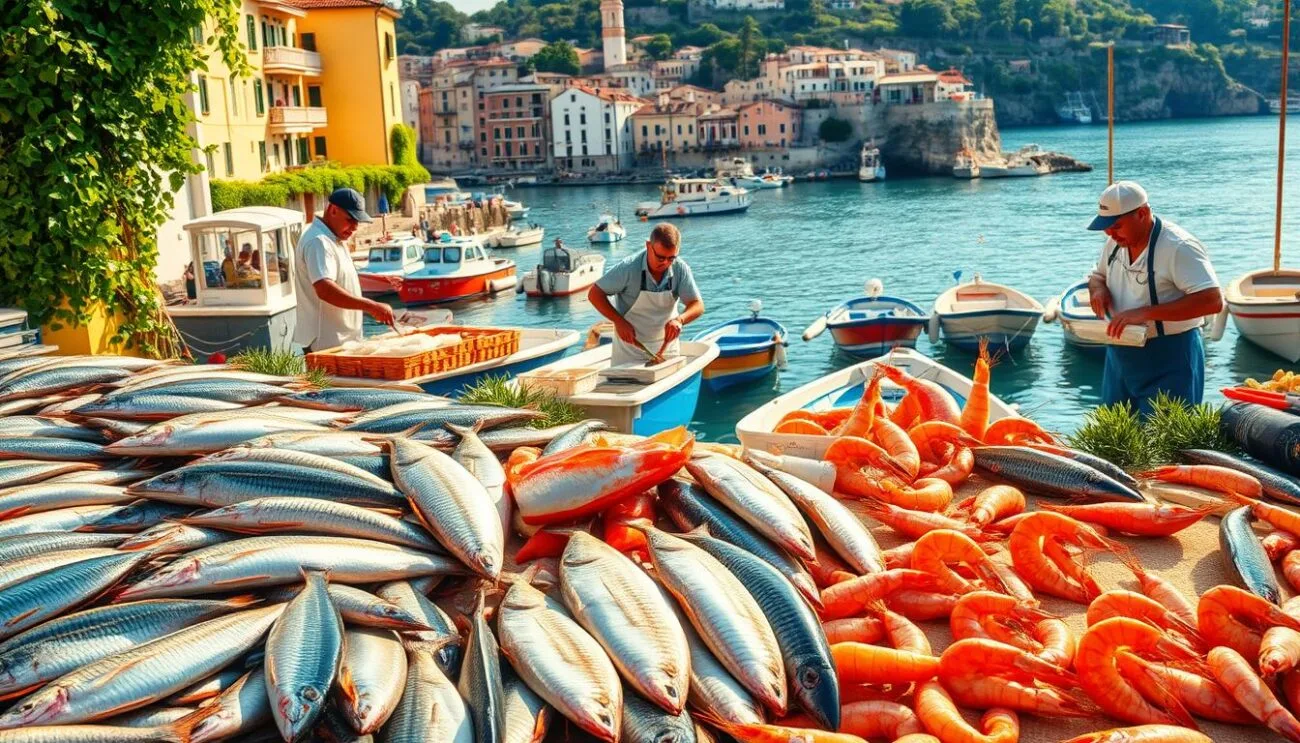 A vibrant coastal scene in Italy, showcasing the rich culinary traditions of the sea. In the foreground, a bountiful display of freshly caught fish - glistening silver sardines, plump red snapper, and succulent prawns. In the middle ground, local fishermen expertly prepare their catch, filleting and seasoning the seafood with the care and precision honed over generations. In the background, a picturesque harbor town, with colorful fishing boats bobbing on the gently lapping waves and sun-drenched buildings adorned with trailing vines. The scene is suffused with the warm, golden light of the Mediterranean, creating an atmosphere of timeless tradition and gastronomic delight.
