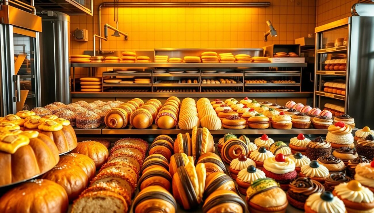 A vibrant display of Italian industrial pastry products, showcasing the innovative techniques and diverse offerings of the nation's modern confectionery industry. Rows of delectable baked goods, from fluffy panettone and buttery croissants to rich tiramisu and colorful macarons, artfully arranged against a backdrop of sleek, chrome-accented bakery equipment. Warm, natural lighting casts a golden glow, highlighting the artisanal craftsmanship and attention to detail. The scene evokes the dynamic fusion of traditional craftsmanship and industrial efficiency that defined the Italian pastry revolution.
