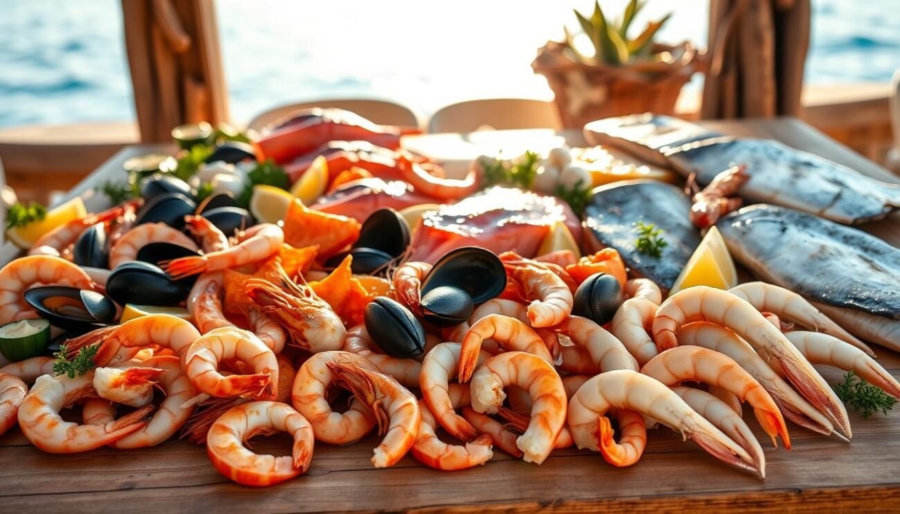 A vibrant display of fresh seafood laid out on a wooden table, illuminated by warm, golden light. In the foreground, a selection of succulent shrimp, tender calamari, and plump mussels, glistening with a light drizzle of olive oil. Behind them, an assortment of firm, flaky fish fillets, such as salmon, sea bass, and halibut, ready to be grilled to perfection. In the middle ground, a collection of lemon wedges, aromatic herbs, and crushed garlic cloves, adding depth and complexity to the flavors. The background features a rustic, seaside ambiance, with a glimpse of azure blue sky and a subtle hint of the coastal breeze. The scene exudes an air of Mediterranean charm, beckoning the viewer to savor the authentic flavors of a traditional Italian mixed seafood grill. A vibrant display of fresh seafood laid out on a wooden table, illuminated by warm, golden light. In the foreground, a selection of succulent shrimp, tender calamari, and plump mussels, glistening with a light drizzle of olive oil. Behind them, an assortment of firm, flaky fish fillets, such as salmon, sea bass, and halibut, ready to be grilled to perfection. In the middle ground, a collection of lemon wedges, aromatic herbs, and crushed garlic cloves, adding depth and complexity to the flavors. The background features a rustic, seaside ambiance, with a glimpse of azure blue sky and a subtle hint of the coastal breeze. The scene exudes an air of Mediterranean charm, beckoning the viewer to savor the authentic flavors of a traditional Italian mixed seafood grill.