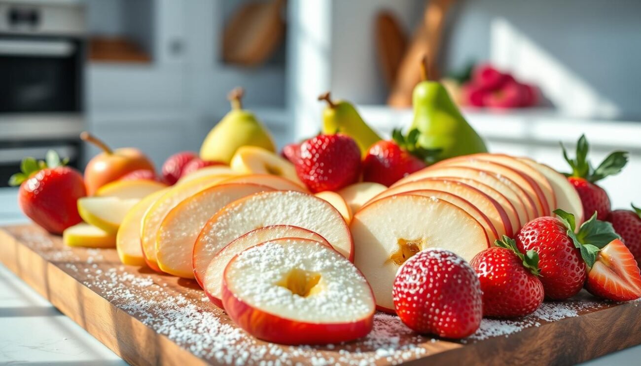 A vibrant display of freshly sliced apples, pears, and strawberries, artfully arranged on a wooden board. The natural light cascades over the scene, accentuating the juicy, glistening textures of the fruit. In the foreground, a dusting of powdered sugar adds a delicate touch, while the background showcases a minimalist kitchen setting, hinting at the culinary preparation to come. The overall composition evokes a sense of rustic elegance, inviting the viewer to imagine the delectable desserts these fresh ingredients will soon inspire. A vibrant display of freshly sliced apples, pears, and strawberries, artfully arranged on a wooden board. The natural light cascades over the scene, accentuating the juicy, glistening textures of the fruit. In the foreground, a dusting of powdered sugar adds a delicate touch, while the background showcases a minimalist kitchen setting, hinting at the culinary preparation to come. The overall composition evokes a sense of rustic elegance, inviting the viewer to imagine the delectable desserts these fresh ingredients will soon inspire.