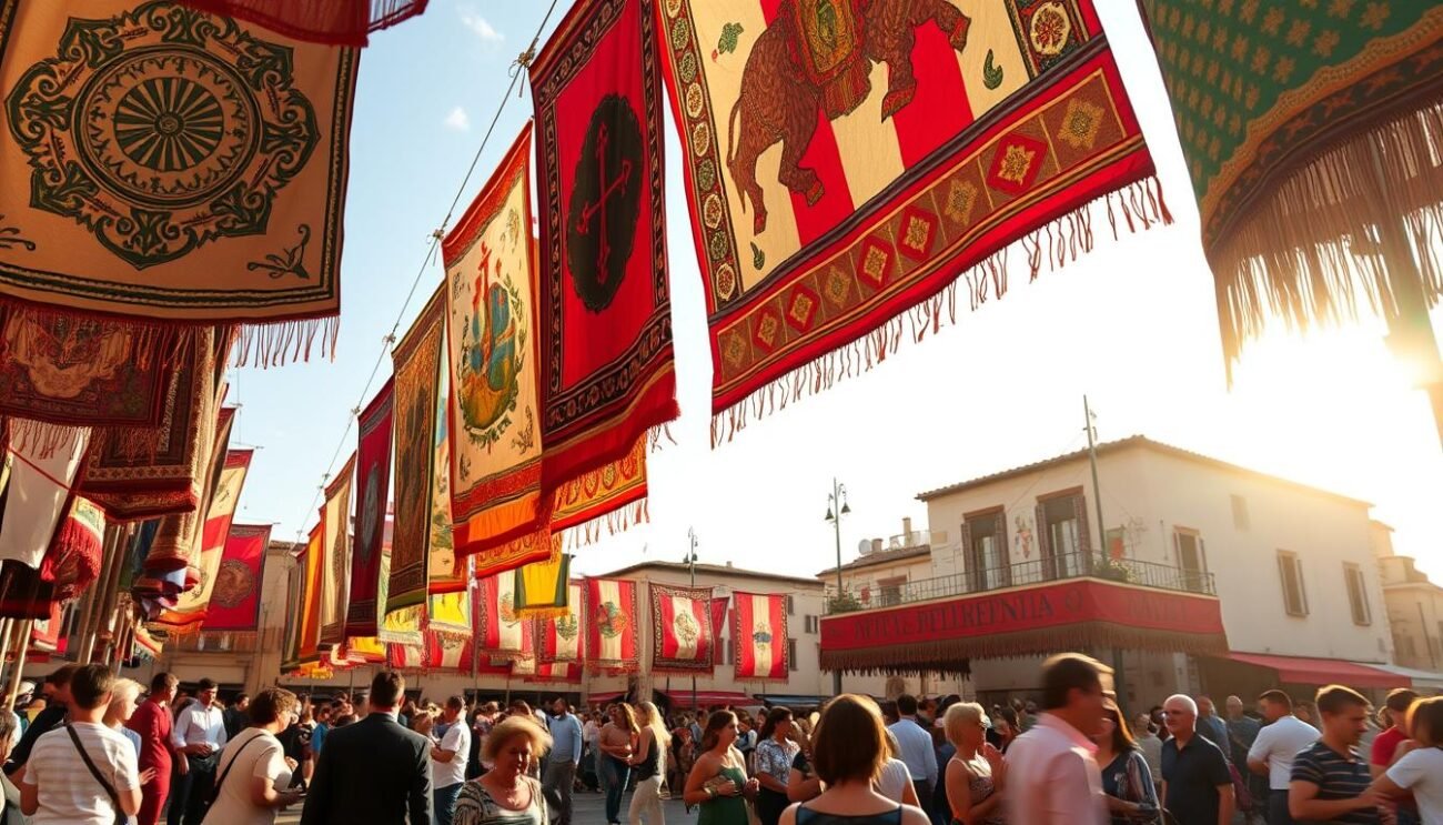 A vibrant display of traditional Italian banners, or "bandiere," fluttering in a gentle breeze. In the foreground, intricate patterns and bold colors adorn the striking textile structures, each one a unique representation of regional heritage. The middle ground showcases a lively scene, with people gathered to participate in the "Battitura della 'Nzegna" ritual, a cherished tradition of the Festa dell'Agnello in Carovigno, Puglia. In the background, a warm, golden light bathes the entire tableau, infusing the image with a sense of timeless celebration and community. Captured with a wide-angle lens to encompass the full scope of this cultural spectacle, the scene exudes a feeling of joyous reverence for the enduring customs that define this remarkable festival.