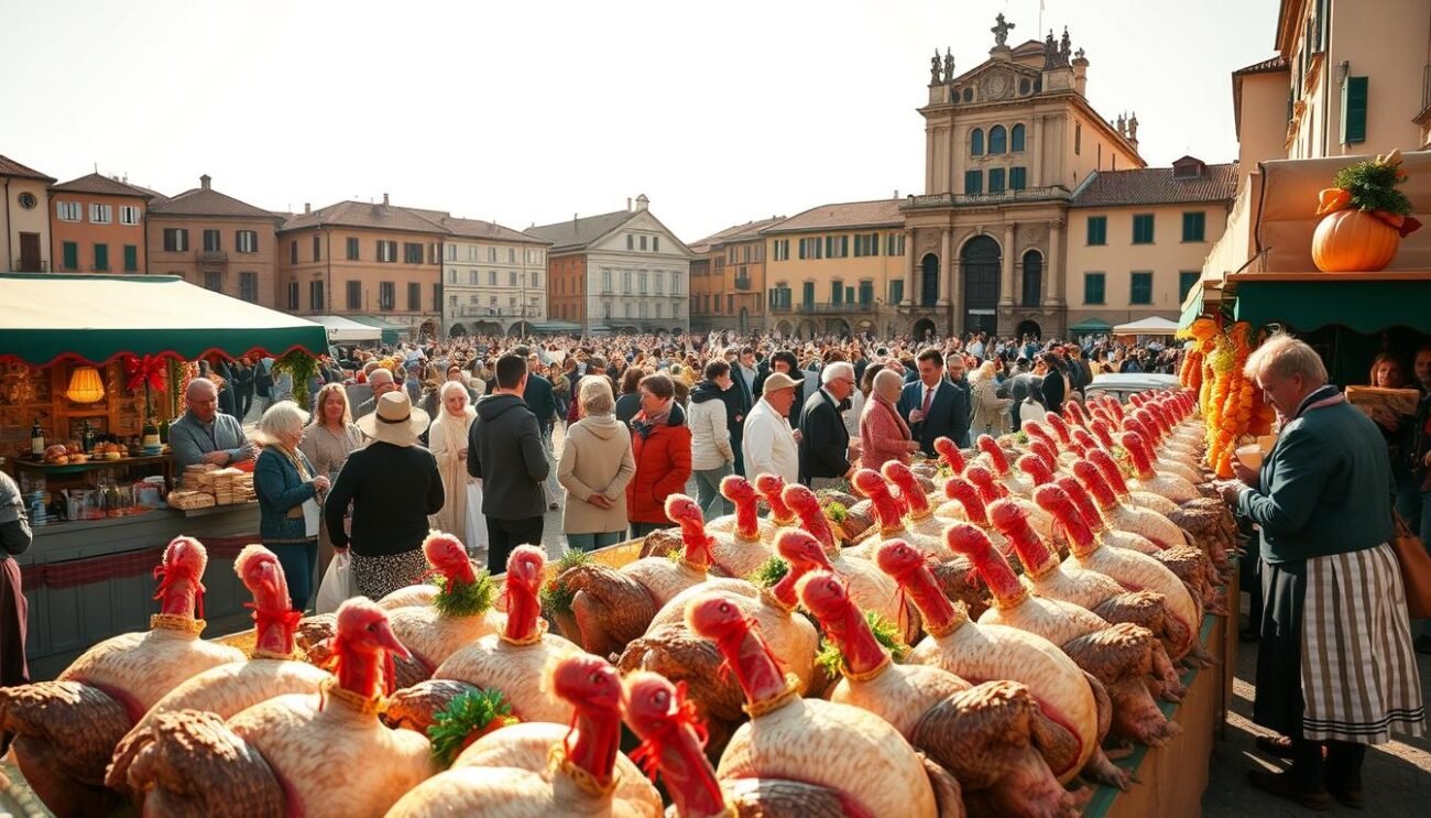 A vibrant harvest festival in the heart of Parma, Italy, capturing the rich culinary traditions of the Emilia-Romagna region. In the foreground, a grand display of locally-sourced turkeys, adorned with colorful ribbons and adorned with festive decorations. Vendors in traditional garb offer artisanal delicacies, their stalls brimming with regional specialties. In the middle ground, crowds of locals and visitors mingle, sharing laughter and sampling the delectable fare. The background features the historic architecture of Parma, its terracotta roofs and ornate facades creating a timeless, picturesque setting. Warm, golden sunlight filters through, casting a welcoming glow over the entire scene, evoking the spirit of this cherished annual celebration.
