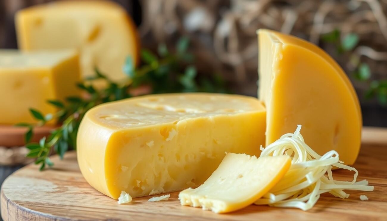 A vibrant, high-resolution image of a traditional Caciocavallo Silano DOP cheese. The cheese is shown in the foreground, with a soft, golden exterior and a smooth, stringy texture when sliced. The image is shot in natural lighting, with a slightly shallow depth of field to highlight the distinctive shape and texture of the cheese. The background features a rustic, earthy setting, such as a wooden cutting board or a traditional Italian kitchen countertop, to evoke the artisanal and regional nature of this protected designation of origin product. The overall mood is one of authenticity, craftsmanship, and the rich culinary heritage of the Sila region of Calabria.