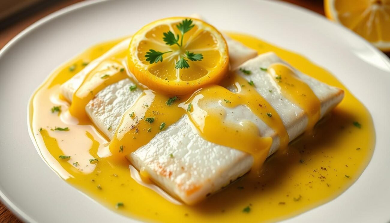 A vibrant lemon sauce, shimmering with a golden hue, rests gently atop freshly seared sole fillets. The sauce's velvety texture is accentuated by the delicate citrus notes, expertly balanced with a hint of garlic and a sprinkle of freshly chopped parsley. The plating showcases the dish's elegance, with the fish fillets arranged in a visually appealing manner, complemented by a drizzle of the lemon sauce that cascades down the sides. The lighting is soft and warm, casting a inviting glow over the entire scene, creating a mouthwatering and appetizing presentation that captures the essence of this traditional Emilia-Romagna dish.